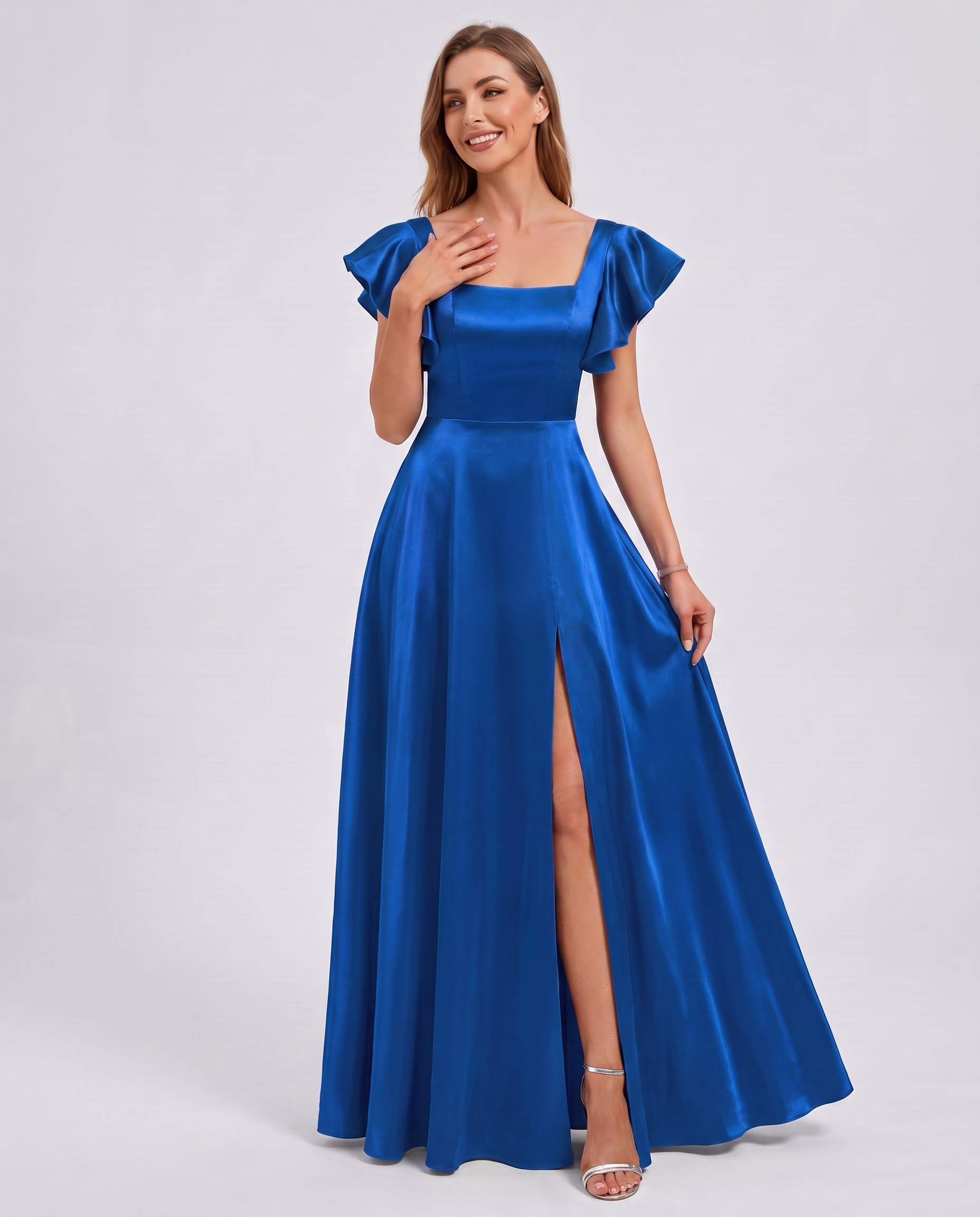 Satin Short Flutter Sleeve Square Neck A-Line Maxi Dress with Pockets for Party, Cocktail, Evening, Wedding Guest & Summer Ev