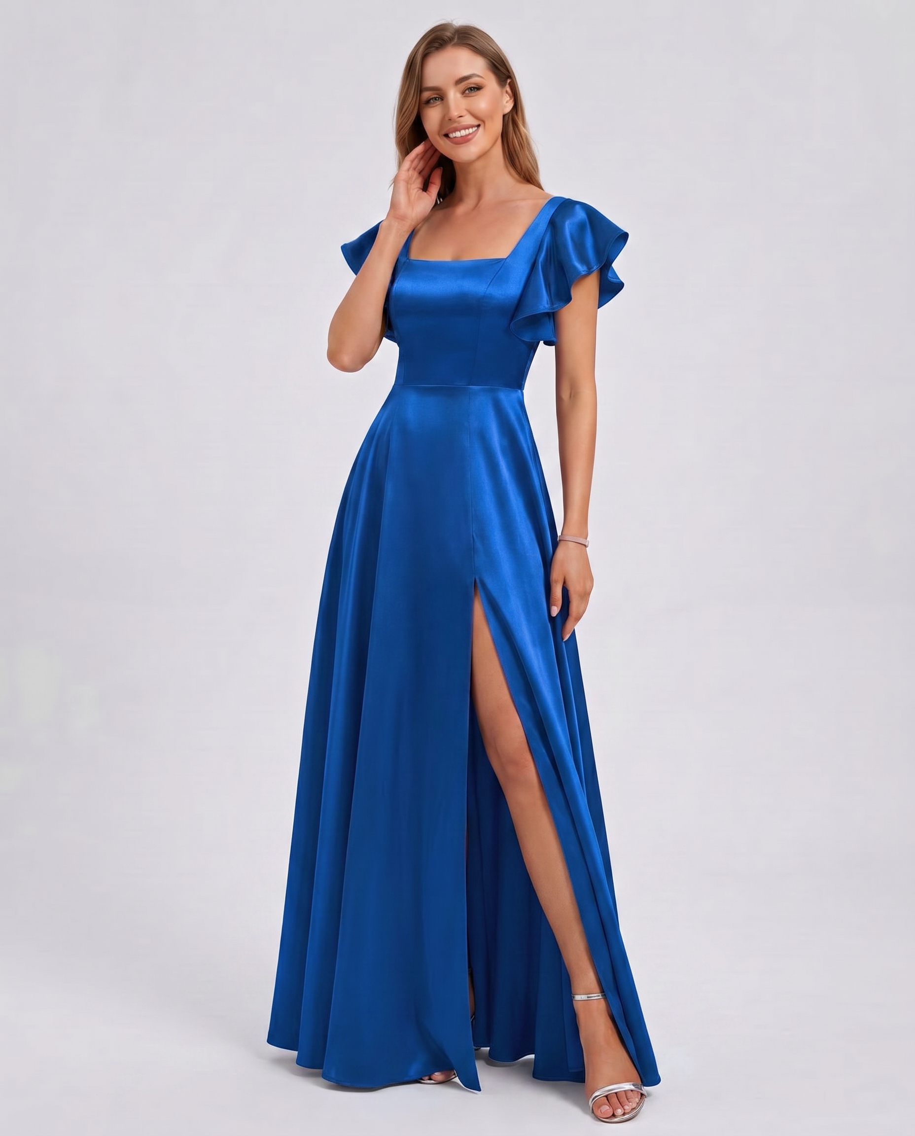 Satin Short Flutter Sleeve Square Neck A-Line Maxi Dress with Pockets for Party, Cocktail, Evening, Wedding Guest & Summer Ev