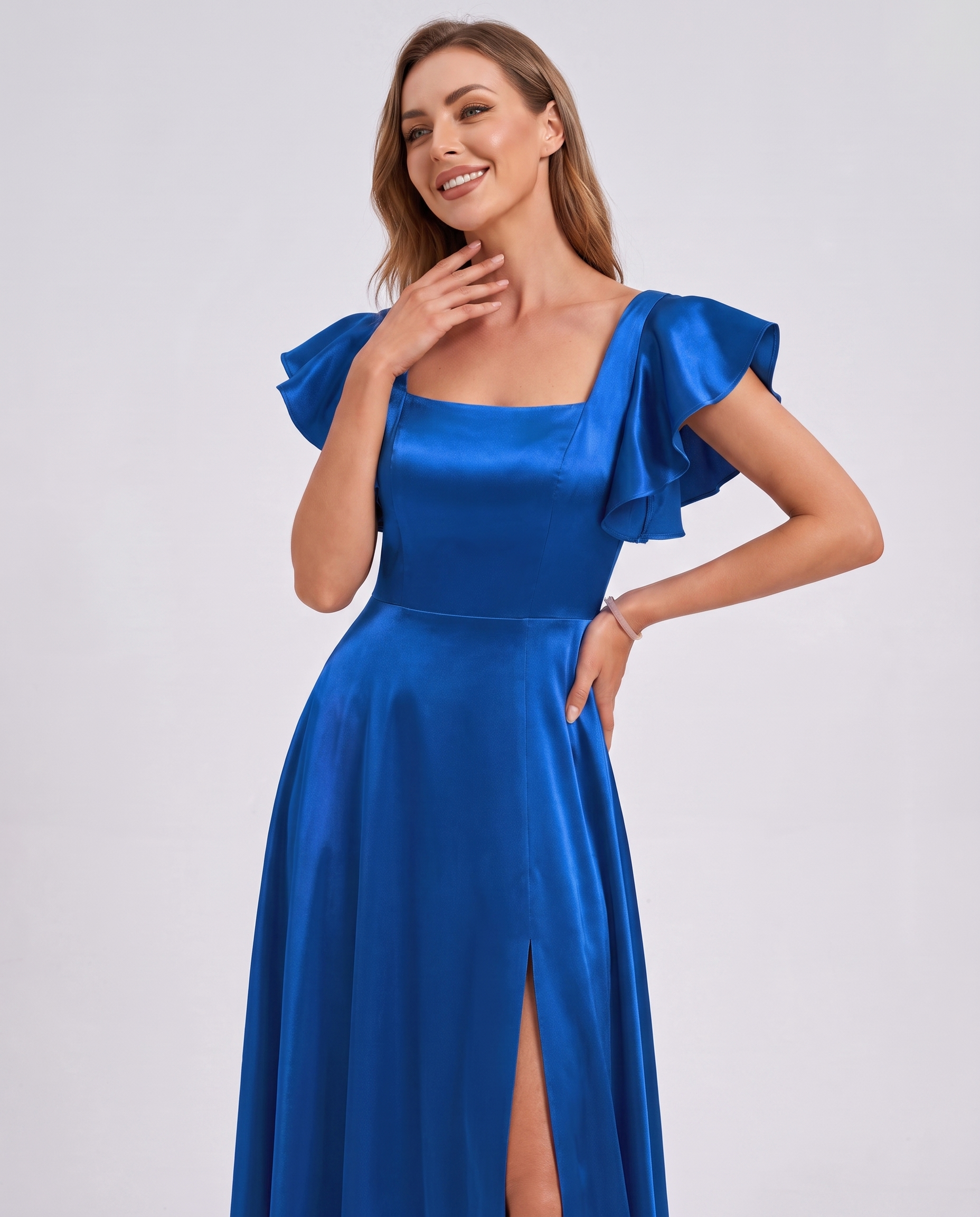 Satin Short Flutter Sleeve Square Neck A-Line Maxi Dress with Pockets for Party, Cocktail, Evening, Wedding Guest & Summer Ev