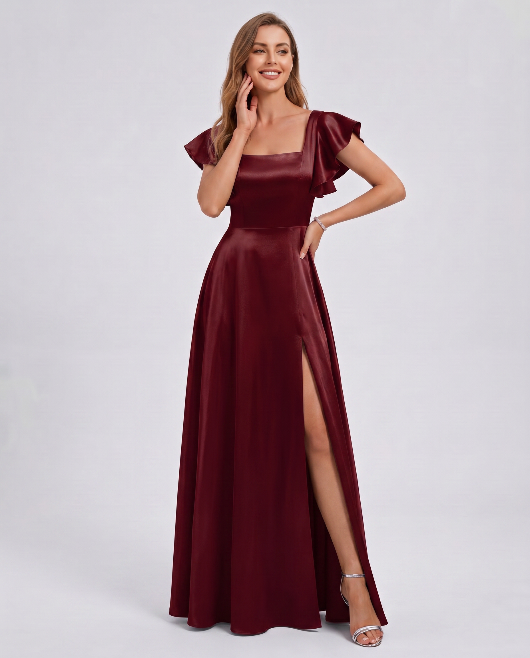 Satin Short Flutter Sleeve Square Neck A-Line Maxi Dress with Pockets for Party, Cocktail, Evening, Wedding Guest & Summer Ev