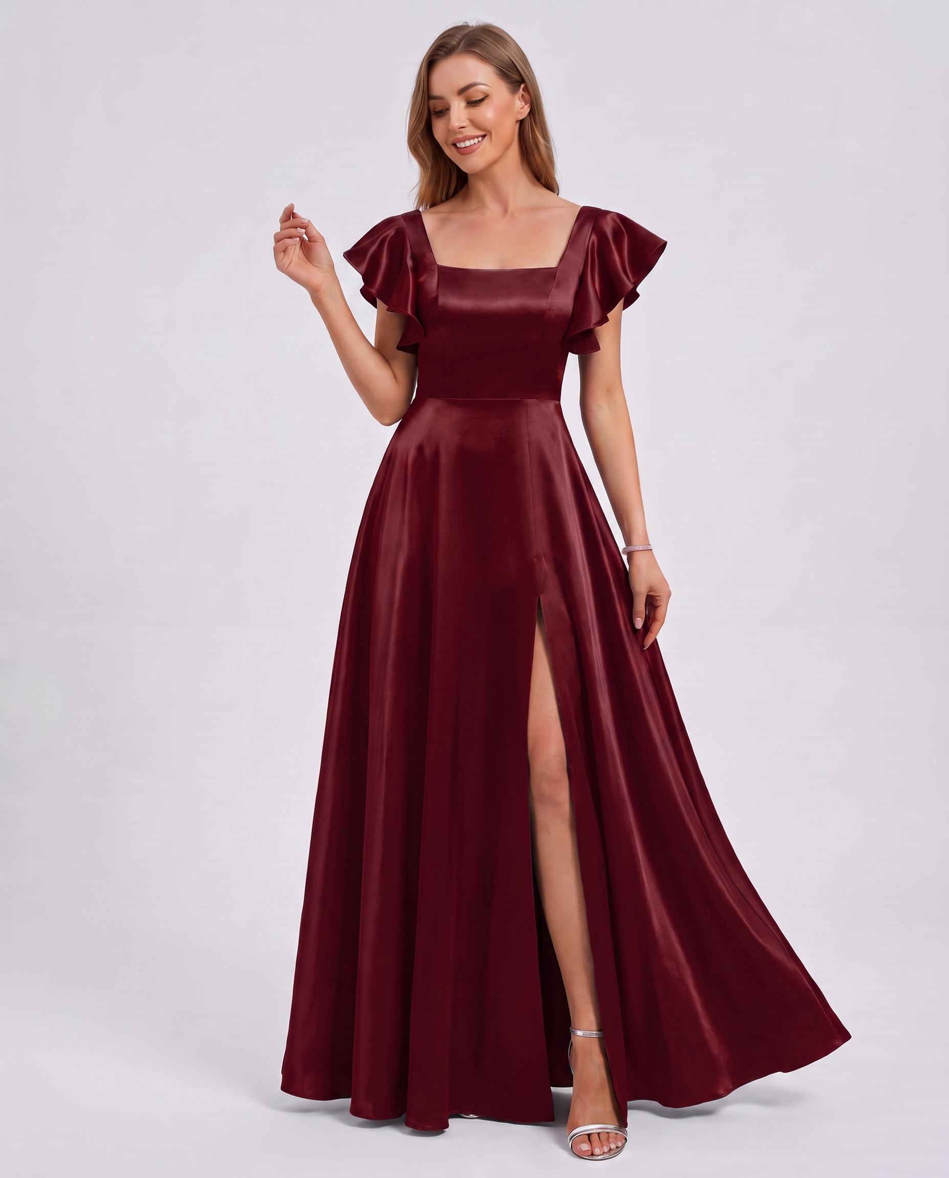Satin Short Flutter Sleeve Square Neck A-Line Maxi Dress with Pockets for Party, Cocktail, Evening, Wedding Guest & Summer Ev