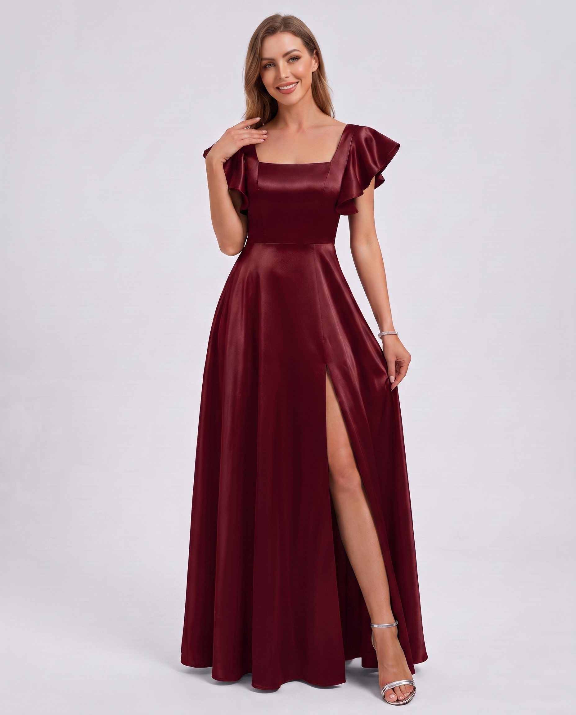 Satin Short Flutter Sleeve Square Neck A-Line Maxi Dress with Pockets for Party, Cocktail, Evening, Wedding Guest & Summer Ev