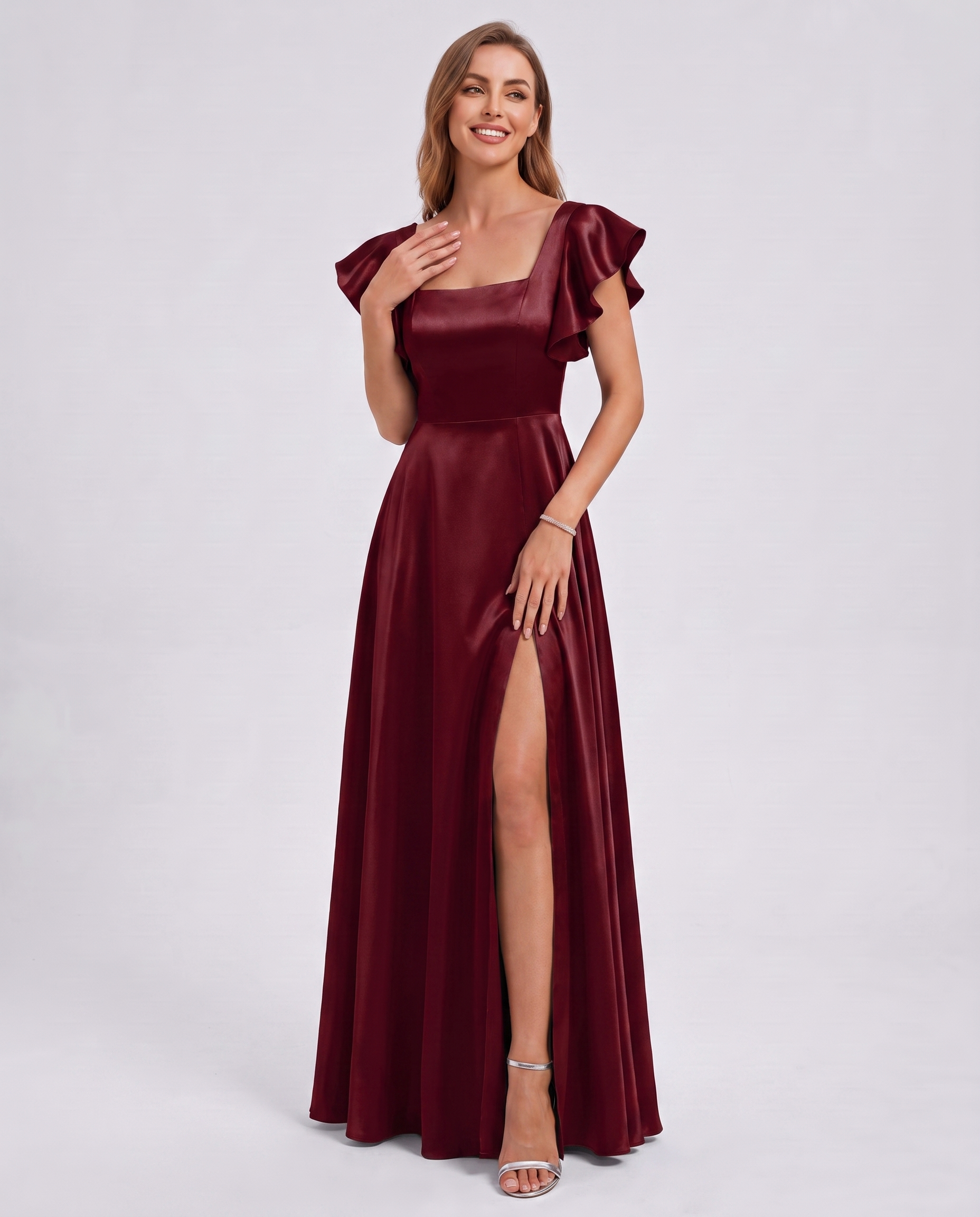 Satin Short Flutter Sleeve Square Neck A-Line Maxi Dress with Pockets for Party, Cocktail, Evening, Wedding Guest & Summer Ev
