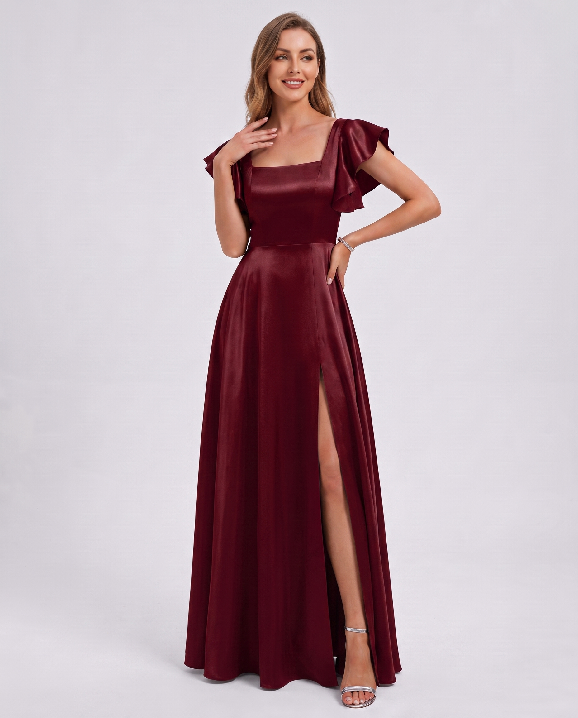 Satin Short Flutter Sleeve Square Neck A-Line Maxi Dress with Pockets for Party, Cocktail, Evening, Wedding Guest & Summer Ev