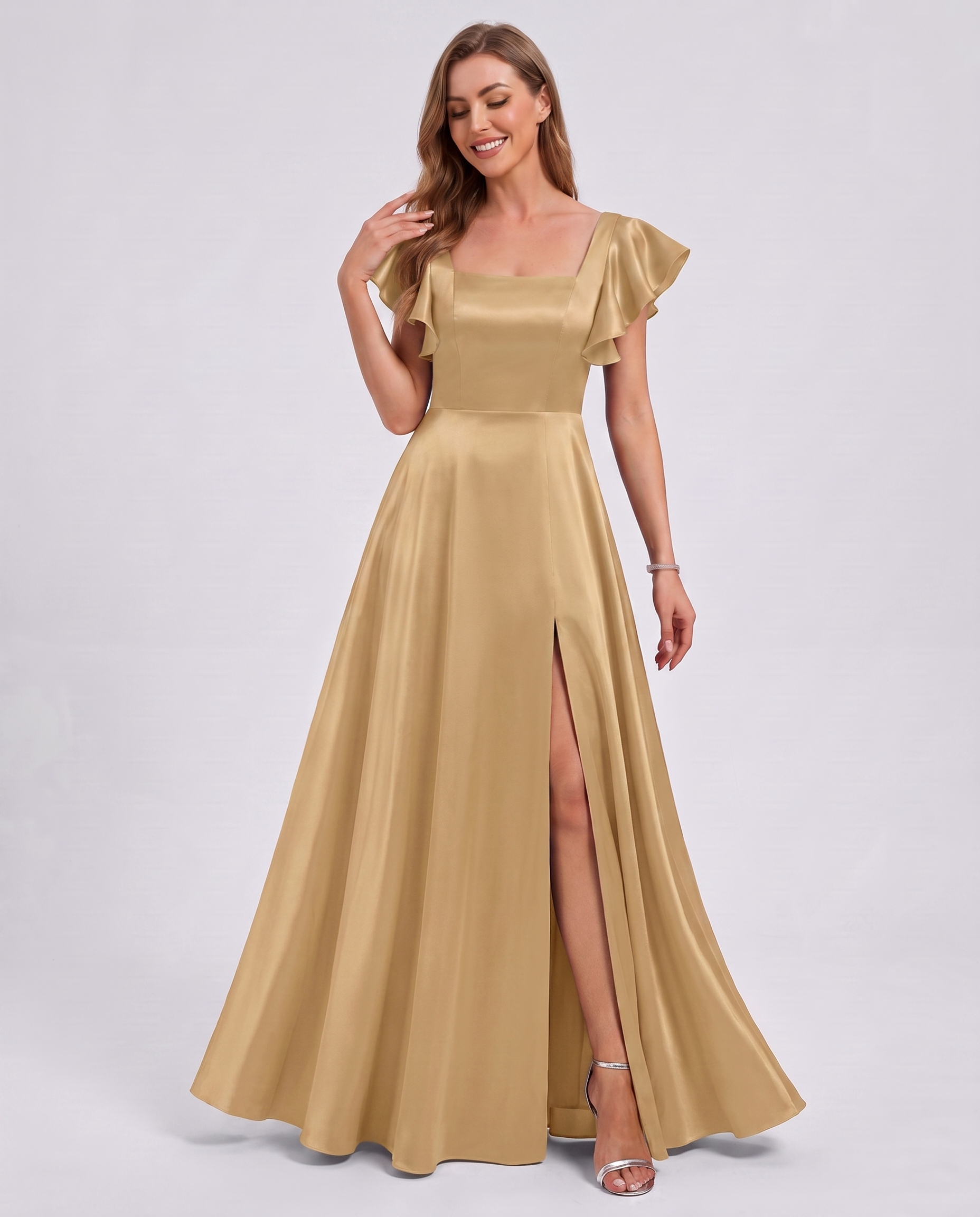 Satin Short Flutter Sleeve Square Neck A-Line Maxi Dress with Pockets for Party, Cocktail, Evening, Wedding Guest & Summer Ev