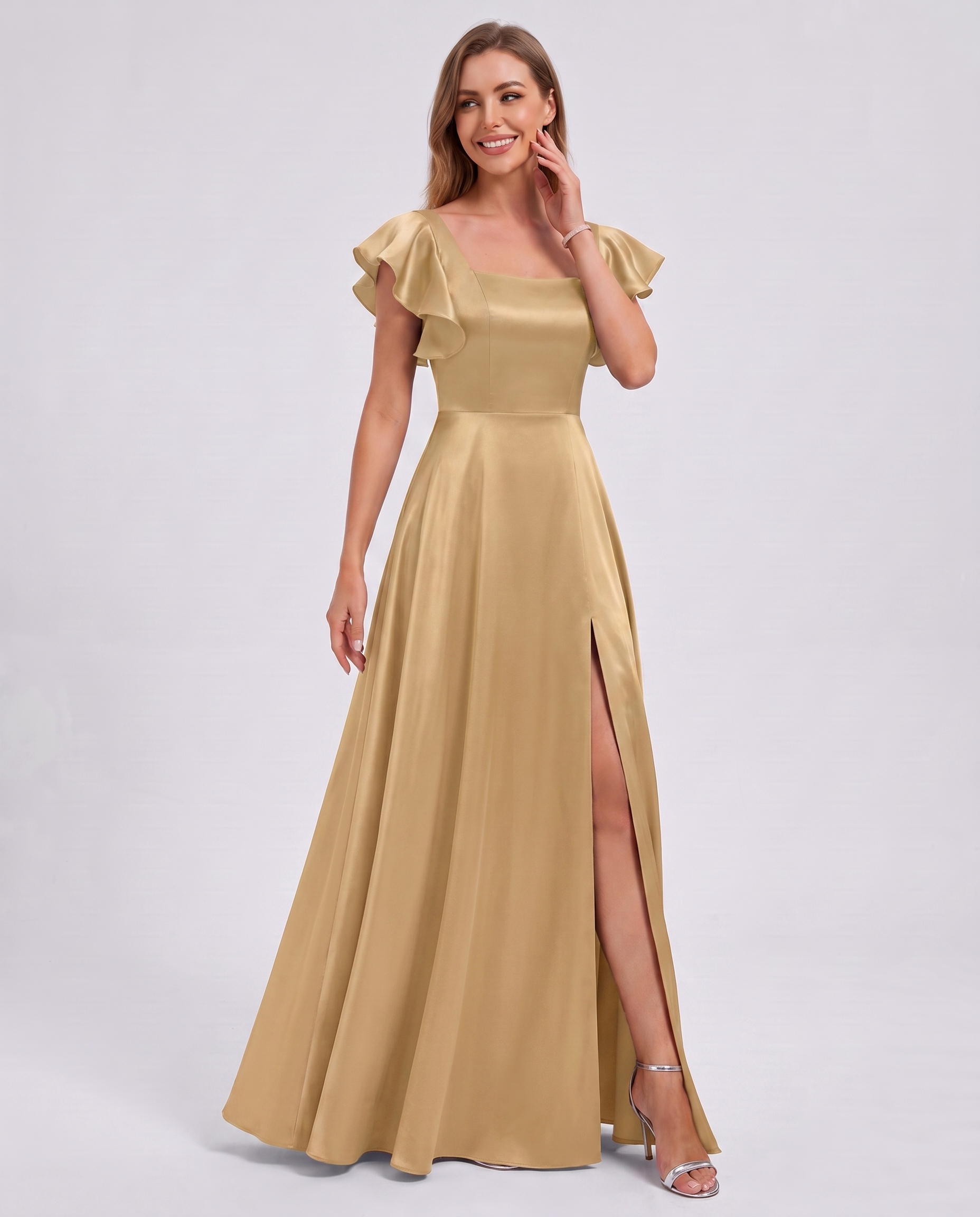Satin Short Flutter Sleeve Square Neck A-Line Maxi Dress with Pockets for Party, Cocktail, Evening, Wedding Guest & Summer Ev