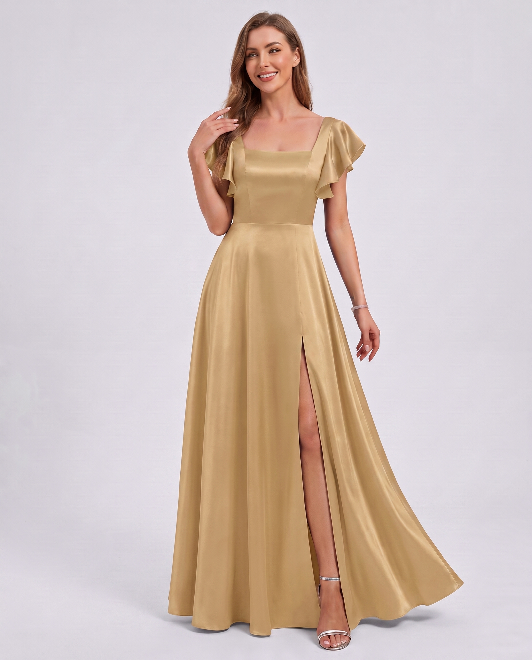 Satin Short Flutter Sleeve Square Neck A-Line Maxi Dress with Pockets for Party, Cocktail, Evening, Wedding Guest & Summer Ev