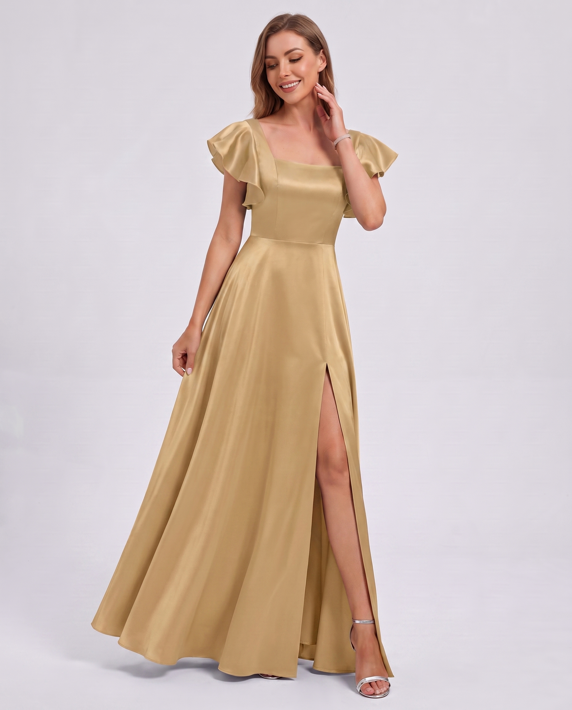 Satin Short Flutter Sleeve Square Neck A-Line Maxi Dress with Pockets for Party, Cocktail, Evening, Wedding Guest & Summer Ev