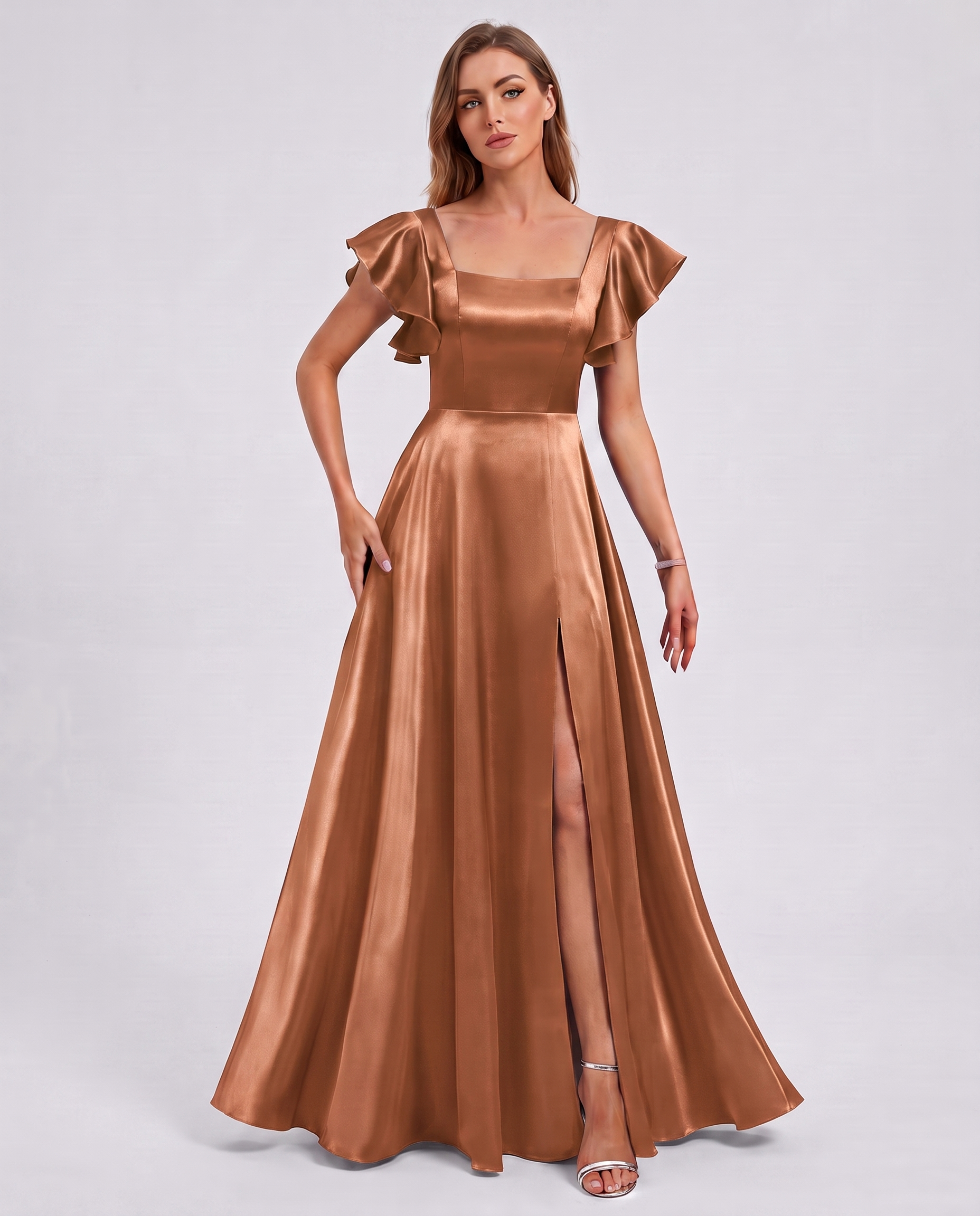 Satin Short Flutter Sleeve Square Neck A-Line Maxi Dress with Pockets for Party, Cocktail, Evening, Wedding Guest & Summer Ev