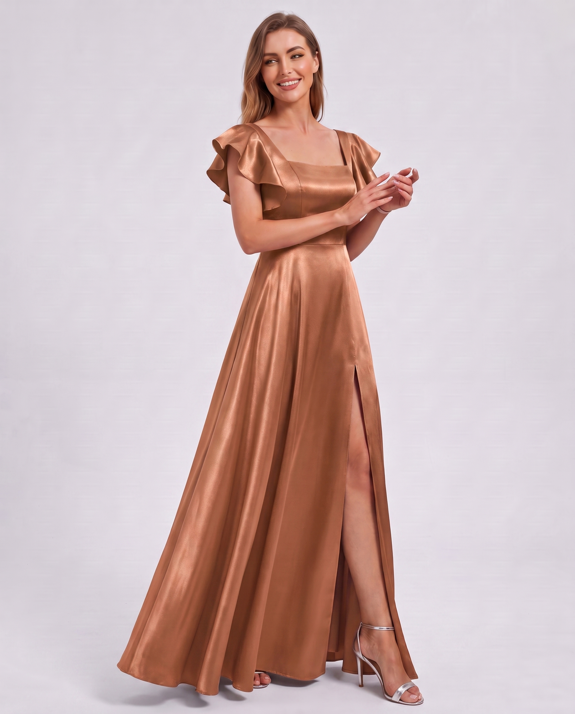 Satin Short Flutter Sleeve Square Neck A-Line Maxi Dress with Pockets for Party, Cocktail, Evening, Wedding Guest & Summer Ev