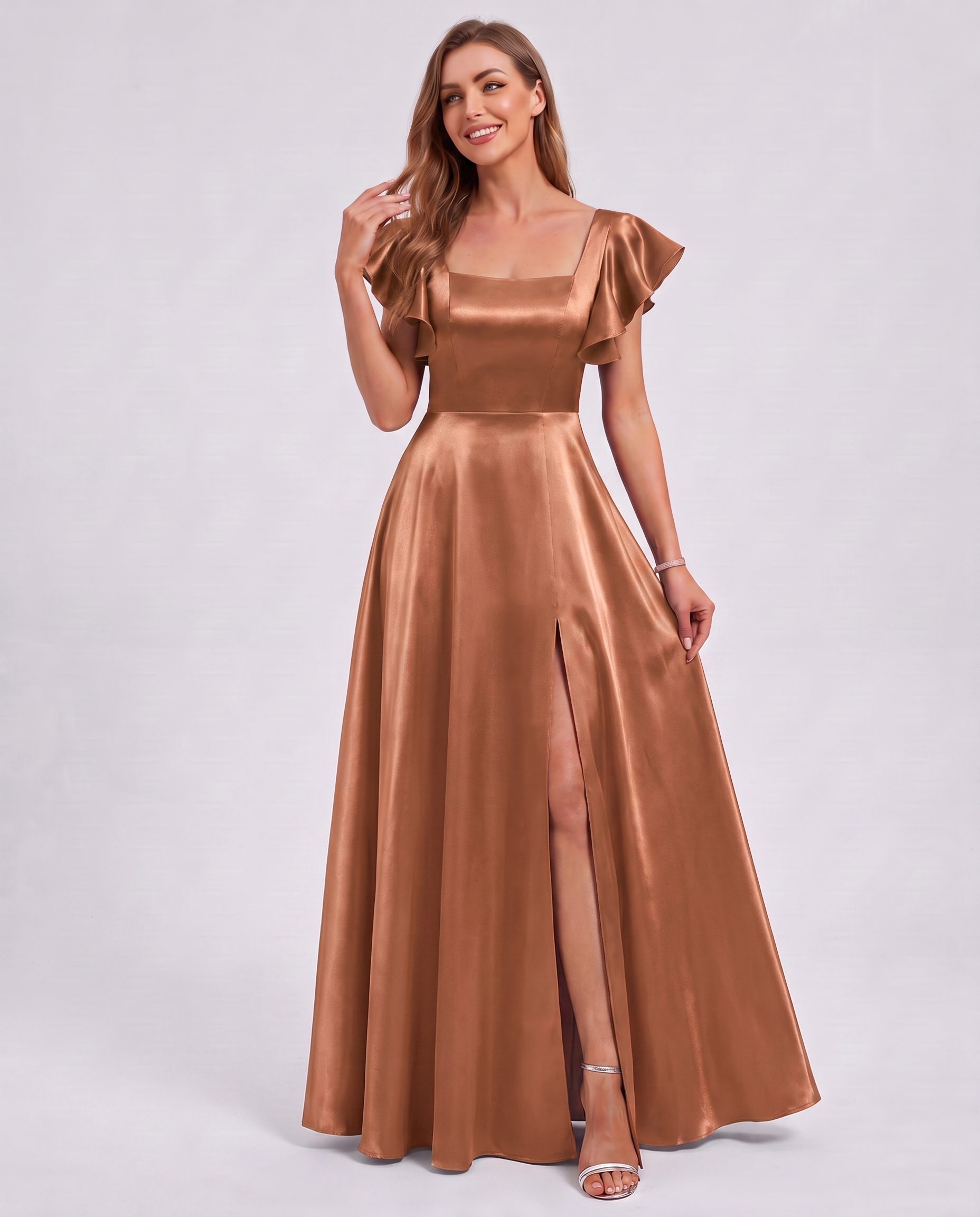 Satin Short Flutter Sleeve Square Neck A-Line Maxi Dress with Pockets for Party, Cocktail, Evening, Wedding Guest & Summer Ev