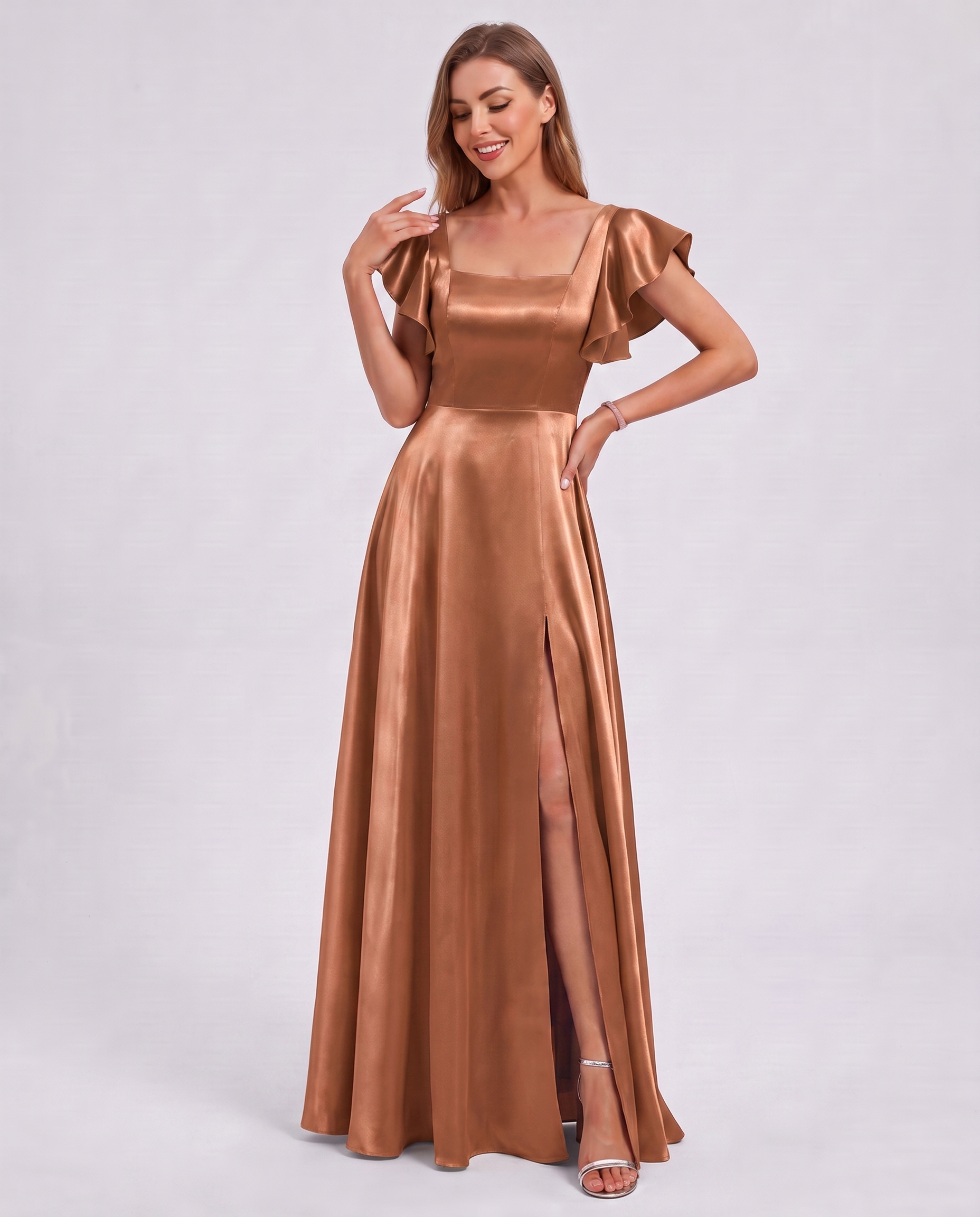Satin Short Flutter Sleeve Square Neck A-Line Maxi Dress with Pockets for Party, Cocktail, Evening, Wedding Guest & Summer Ev