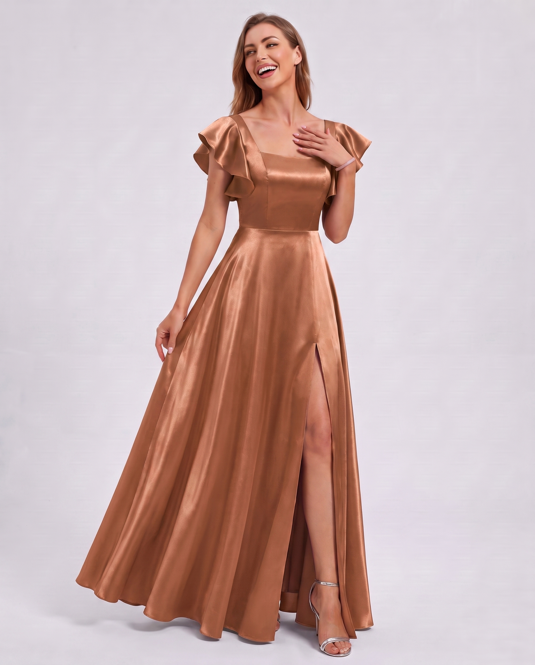 Satin Short Flutter Sleeve Square Neck A-Line Maxi Dress with Pockets for Party, Cocktail, Evening, Wedding Guest & Summer Ev