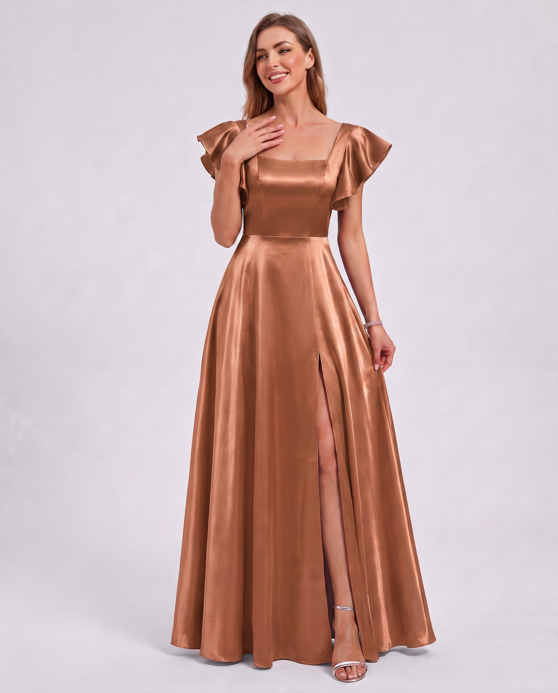 Satin Short Flutter Sleeve Square Neck A-Line Maxi Dress with Pockets for Party, Cocktail, Evening, Wedding Guest & Summer Ev