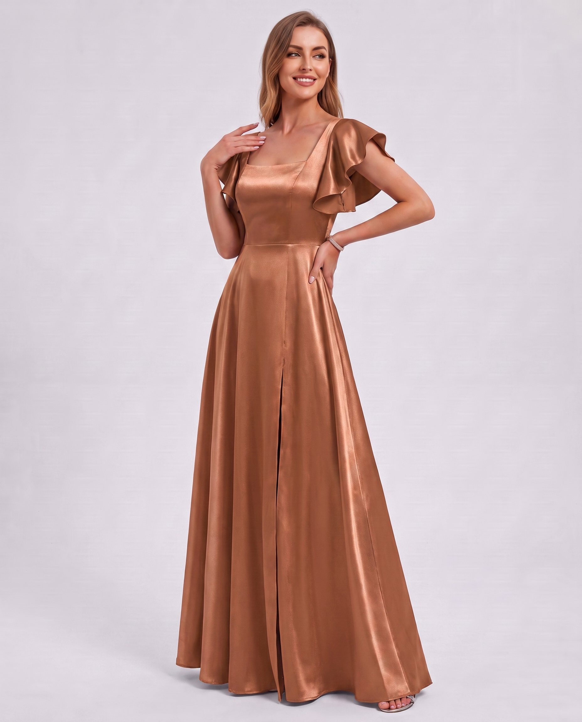 Satin Short Flutter Sleeve Square Neck A-Line Maxi Dress with Pockets for Party, Cocktail, Evening, Wedding Guest & Summer Ev