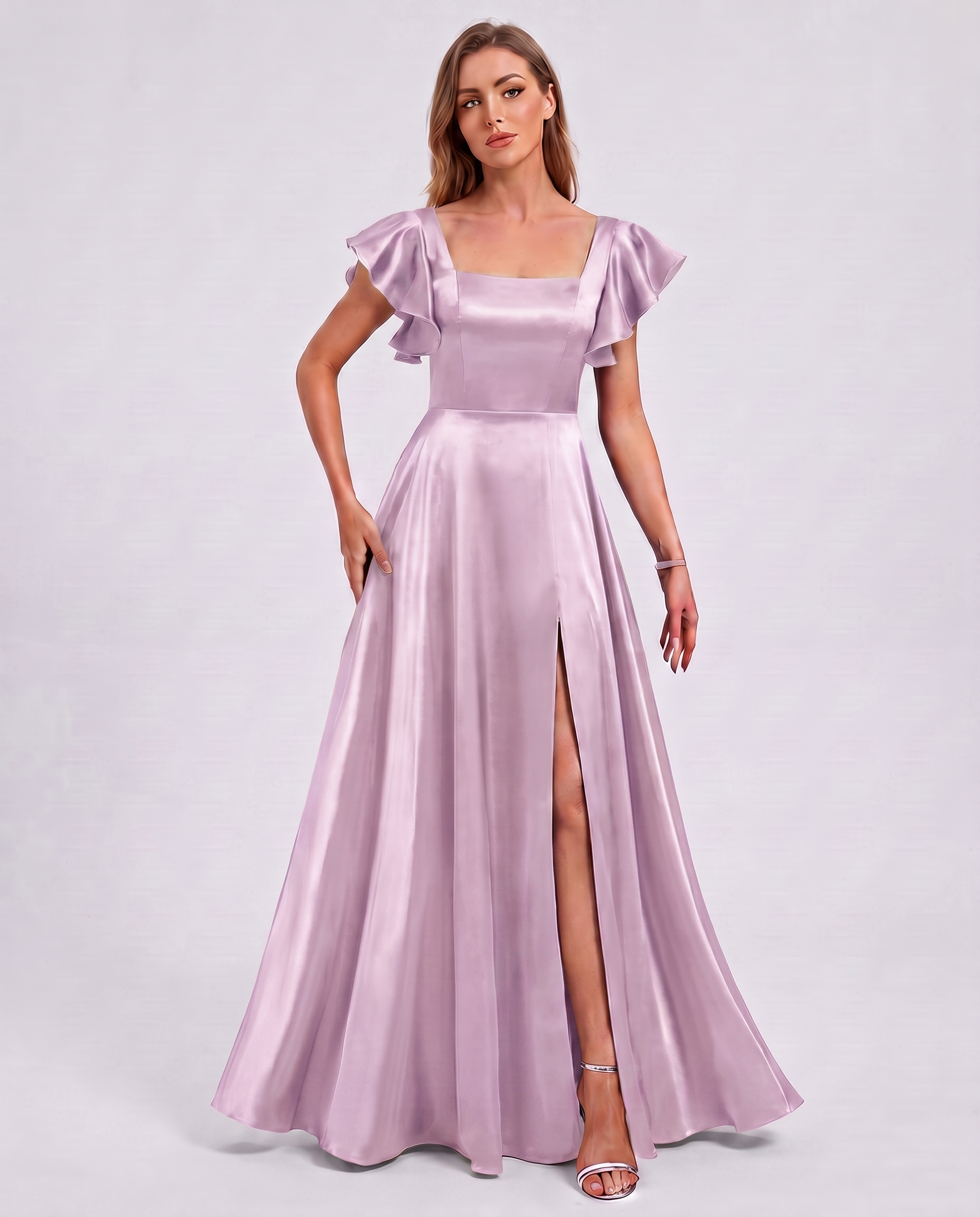 Satin Short Flutter Sleeve Square Neck A-Line Maxi Dress with Pockets for Party, Cocktail, Evening, Wedding Guest & Summer Ev