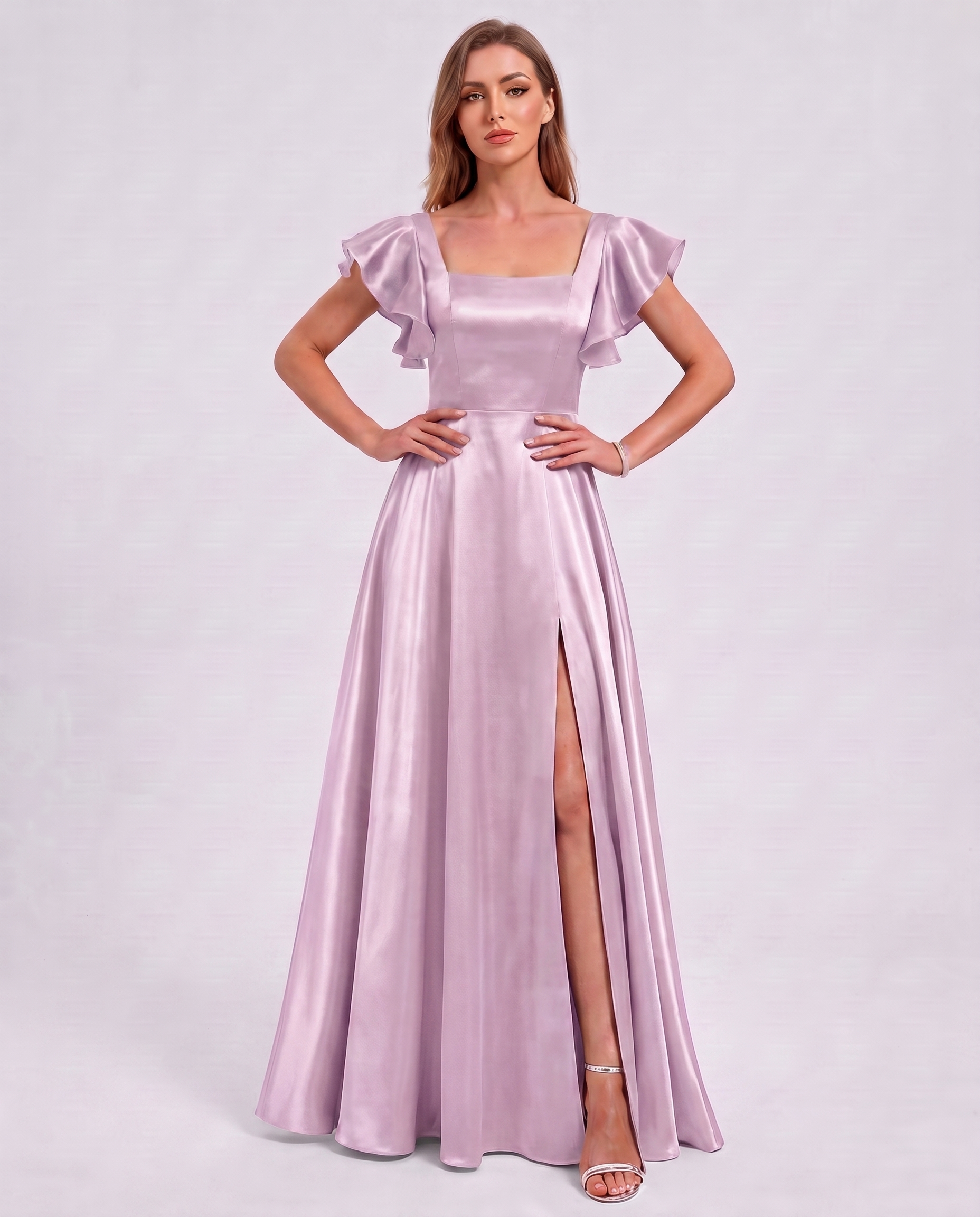 Satin Short Flutter Sleeve Square Neck A-Line Maxi Dress with Pockets for Party, Cocktail, Evening, Wedding Guest & Summer Ev