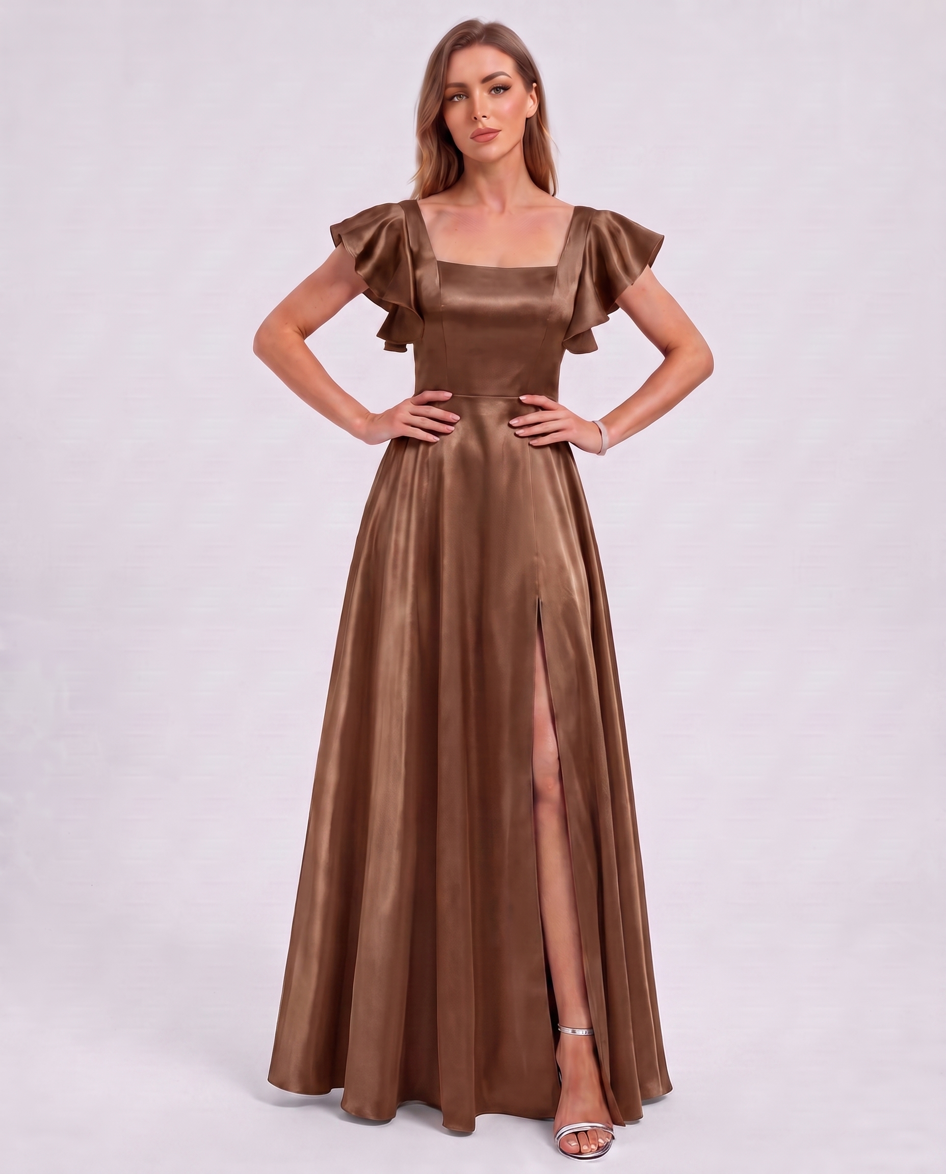 Satin Short Flutter Sleeve Square Neck A-Line Maxi Dress with Pockets for Party, Cocktail, Evening, Wedding Guest & Summer Ev