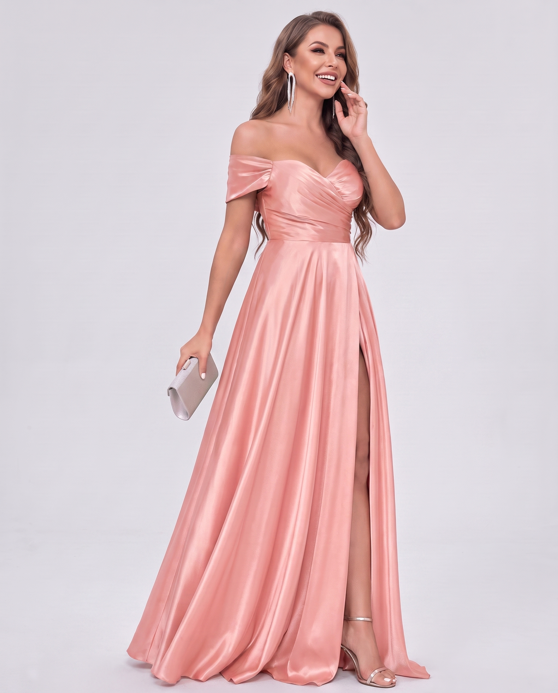 Satin Off-the-Shoulder Sweetheart A-Line Maxi Dress with Slit for Party, Cocktail, Evening, Wedding Guest, Prom & Summer Even