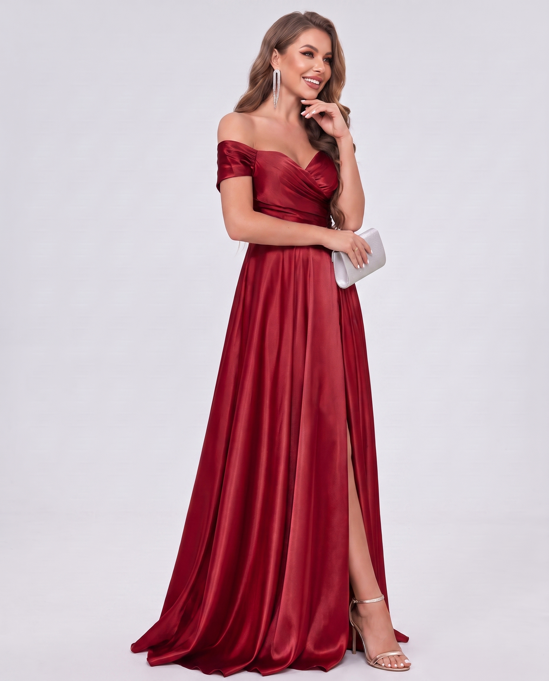Satin Off-the-Shoulder Sweetheart A-Line Maxi Dress with Slit for Party, Cocktail, Evening, Wedding Guest, Prom & Summer Even