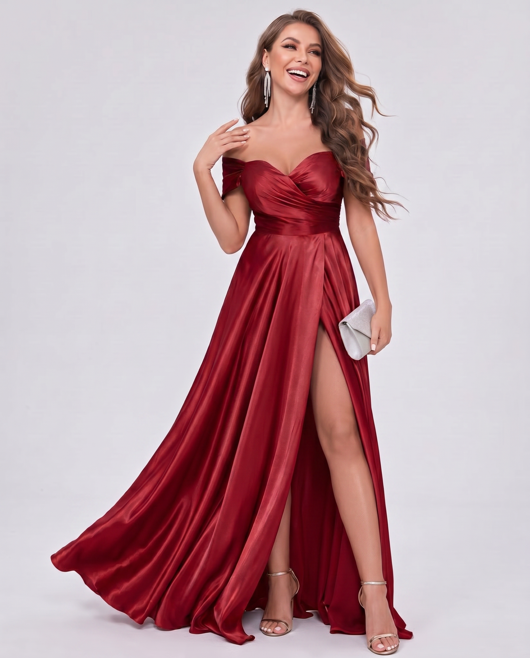 Satin Off-the-Shoulder Sweetheart A-Line Maxi Dress with Slit for Party, Cocktail, Evening, Wedding Guest, Prom & Summer Even