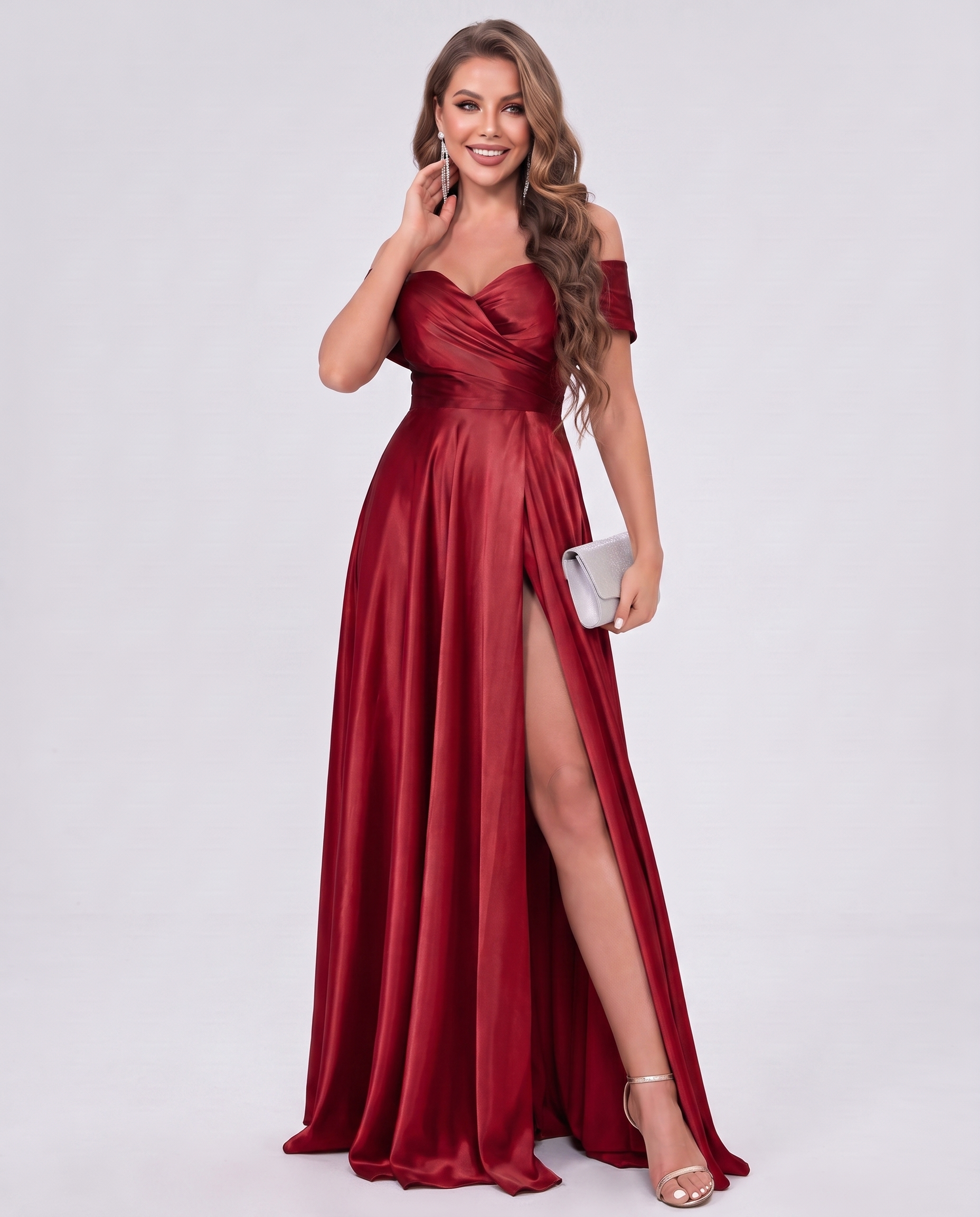 Satin Off-the-Shoulder Sweetheart A-Line Maxi Dress with Slit for Party, Cocktail, Evening, Wedding Guest, Prom & Summer Even