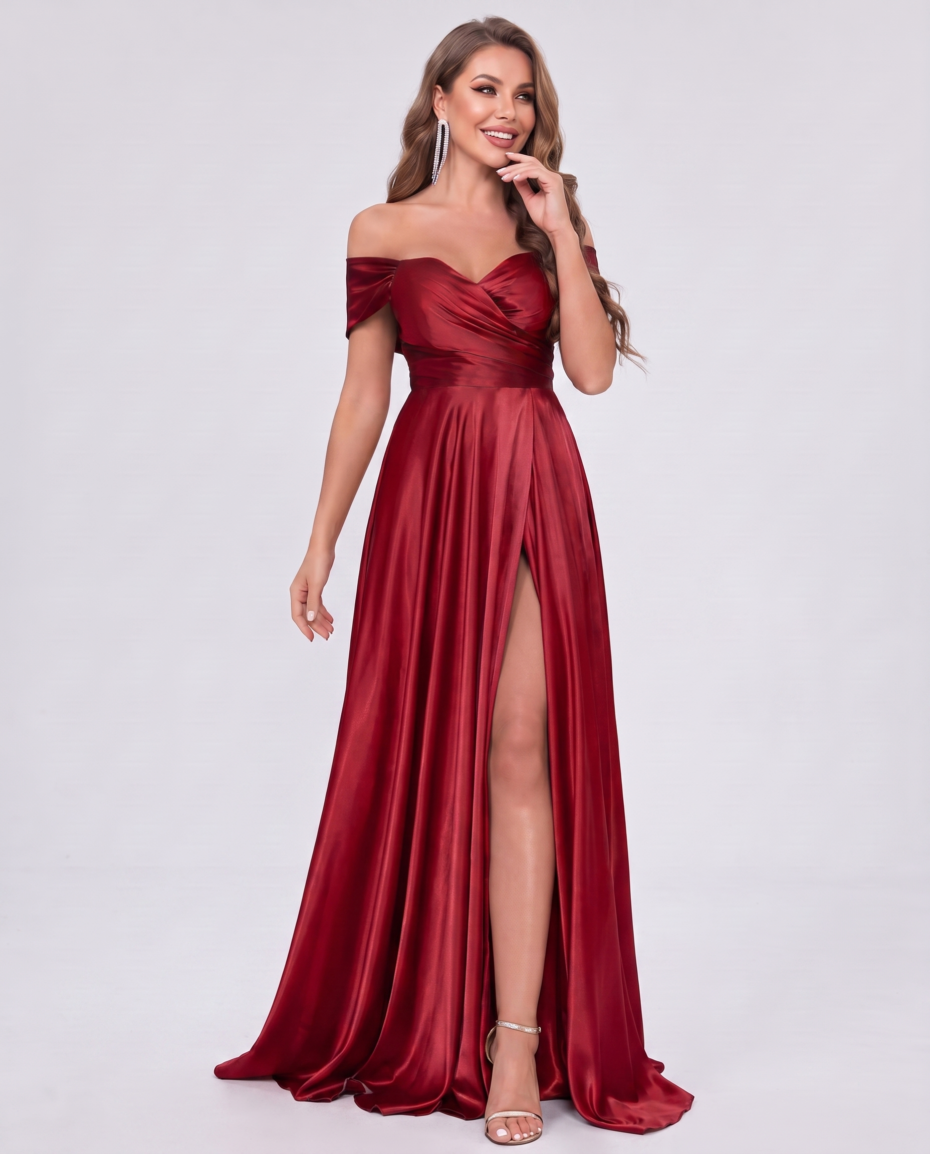 Satin Off-the-Shoulder Sweetheart A-Line Maxi Dress with Slit for Party, Cocktail, Evening, Wedding Guest, Prom & Summer Even