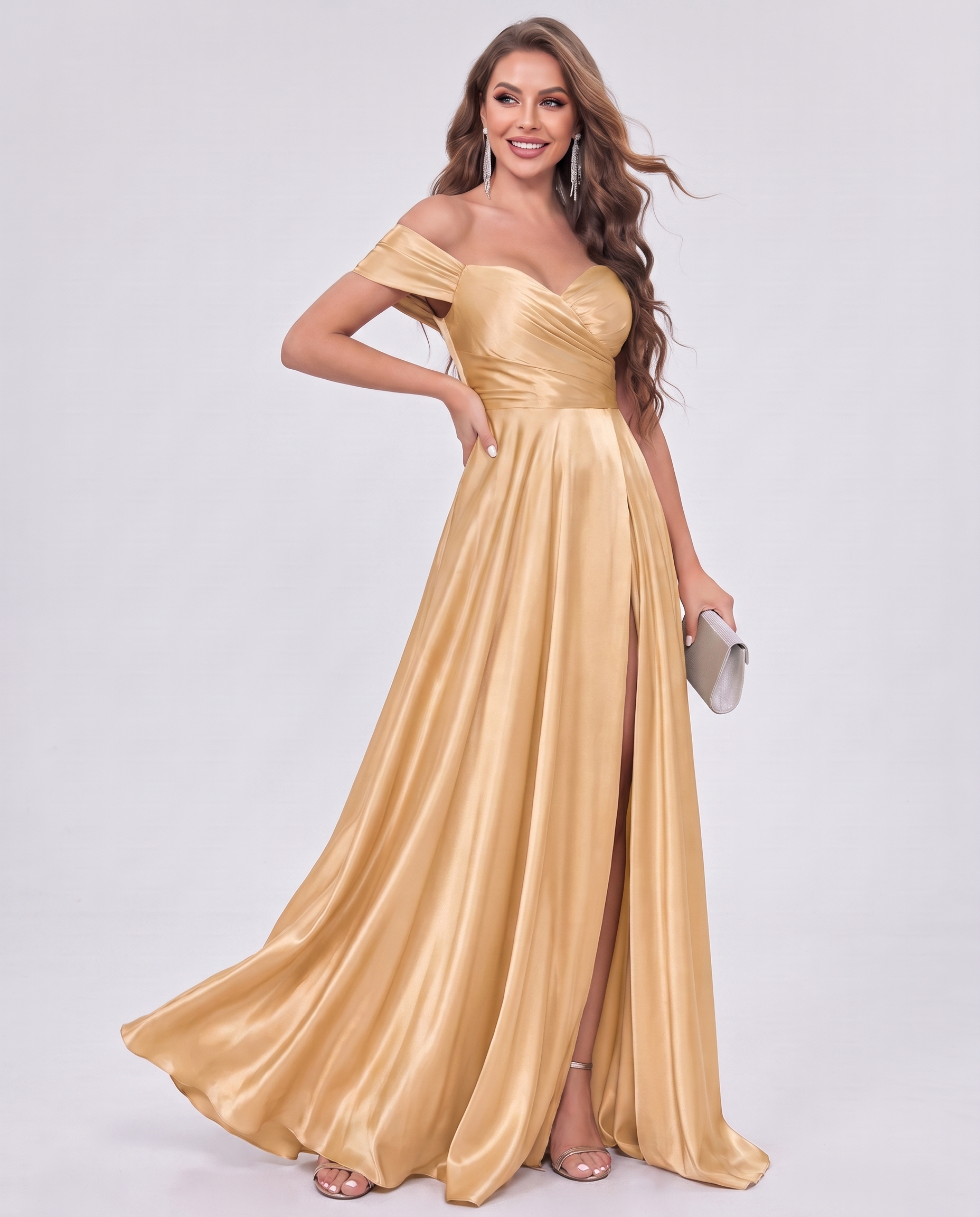 Satin Off-the-Shoulder Sweetheart A-Line Maxi Dress with Slit for Party, Cocktail, Evening, Wedding Guest, Prom & Summer Even