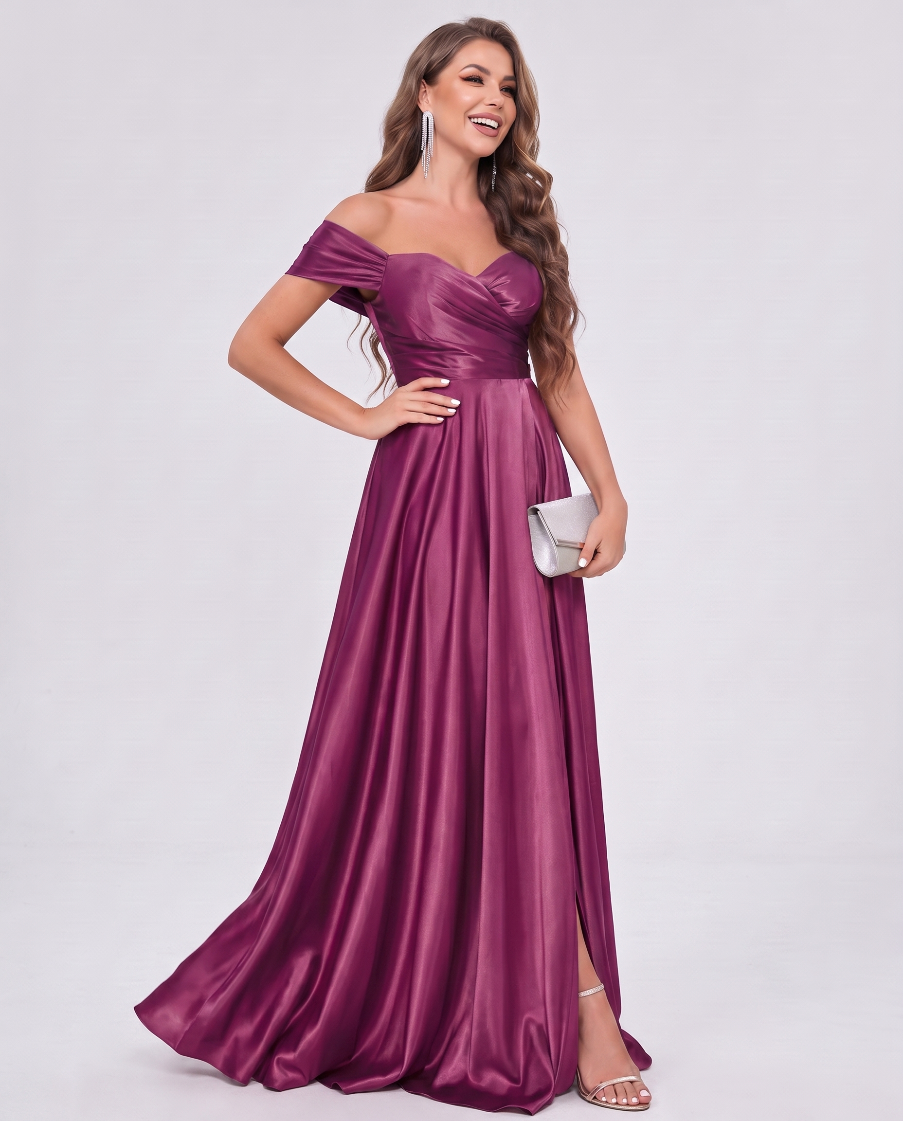 Satin Off-the-Shoulder Sweetheart A-Line Maxi Dress with Slit for Party, Cocktail, Evening, Wedding Guest, Prom & Summer Even
