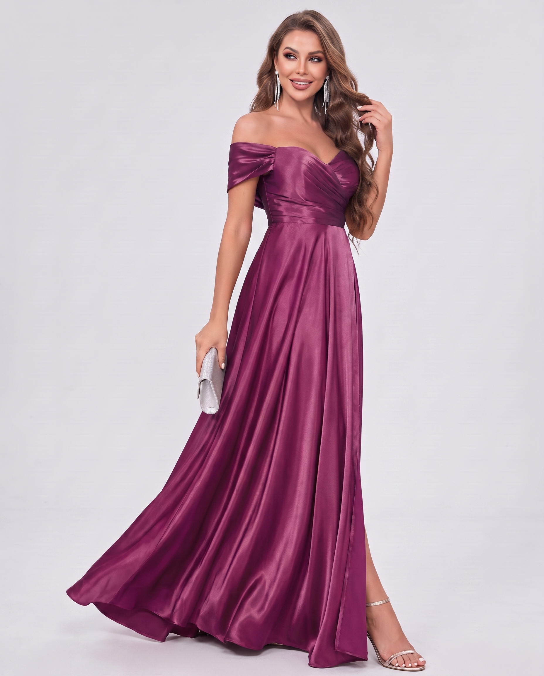 Satin Off-the-Shoulder Sweetheart A-Line Maxi Dress with Slit for Party, Cocktail, Evening, Wedding Guest, Prom & Summer Even