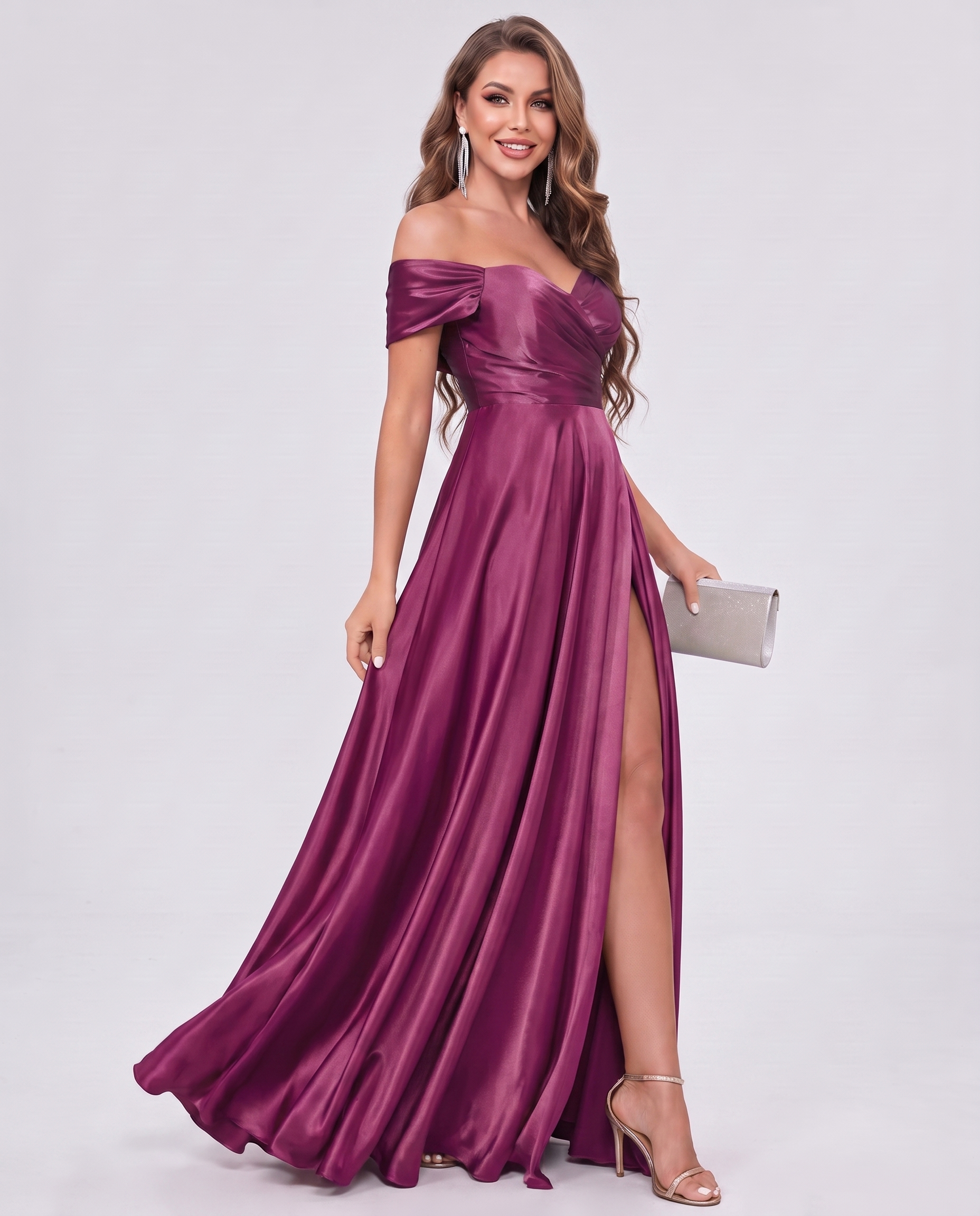 Satin Off-the-Shoulder Sweetheart A-Line Maxi Dress with Slit for Party, Cocktail, Evening, Wedding Guest, Prom & Summer Even
