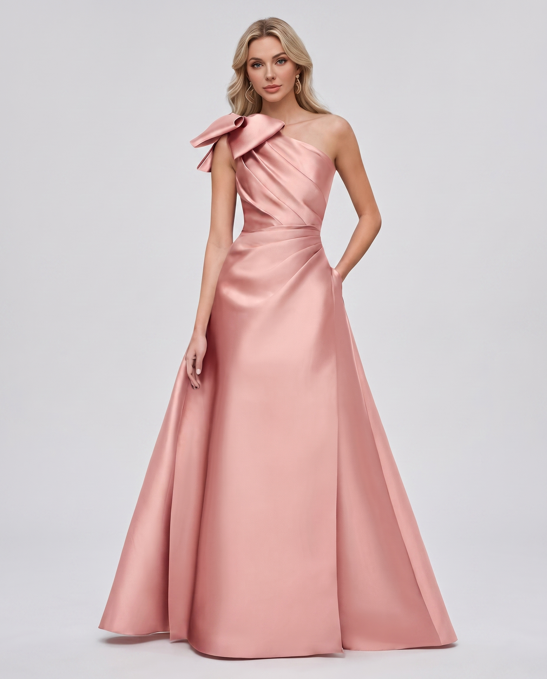 Satin Sleeveless One-Shoulder A-Line Maxi Dress with Bow for Prom, Party, Cocktail, Evening, Wedding Guest & Summer Events in