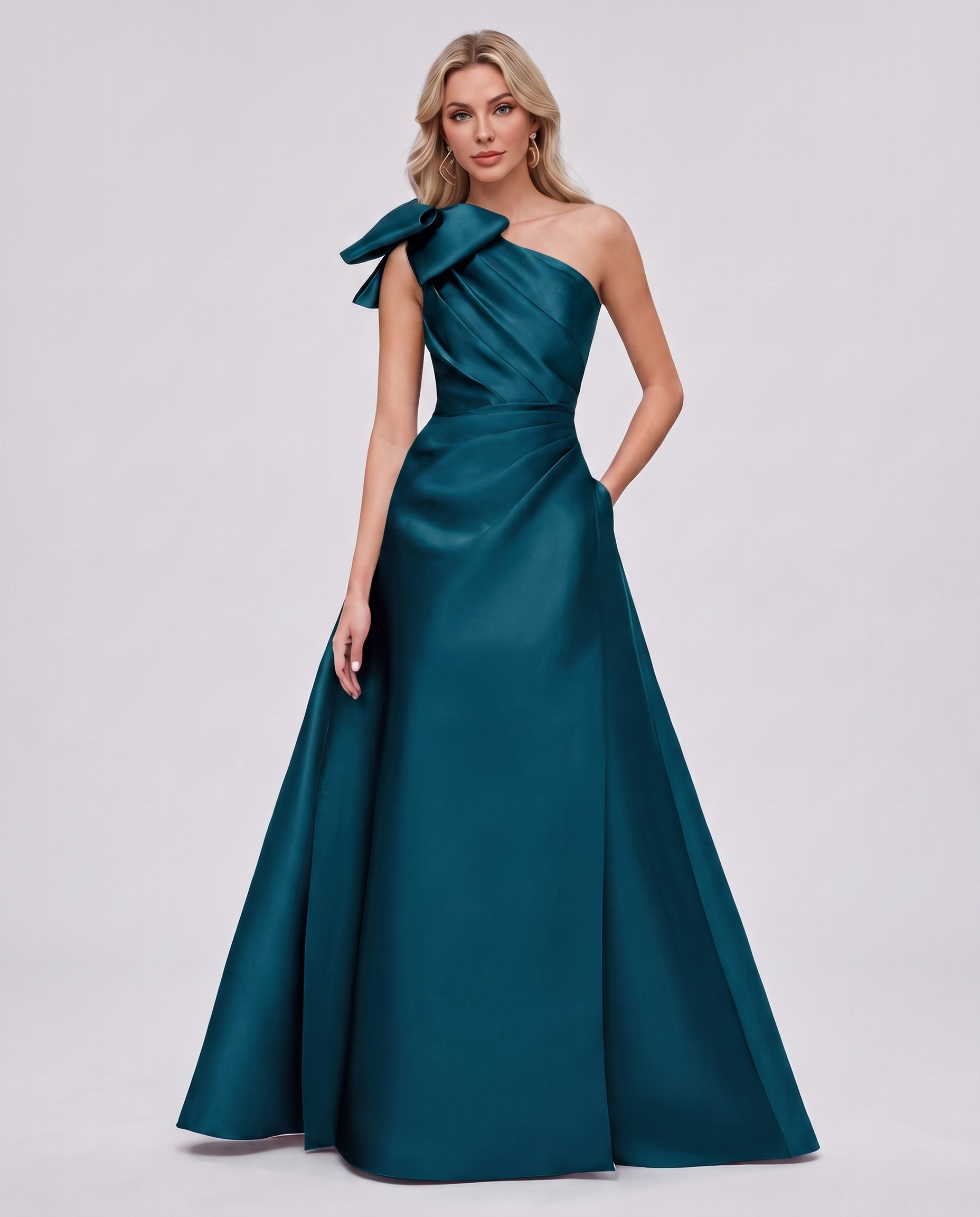 Satin Sleeveless One-Shoulder A-Line Maxi Dress with Bow for Prom, Party, Cocktail, Evening, Wedding Guest & Summer Events in