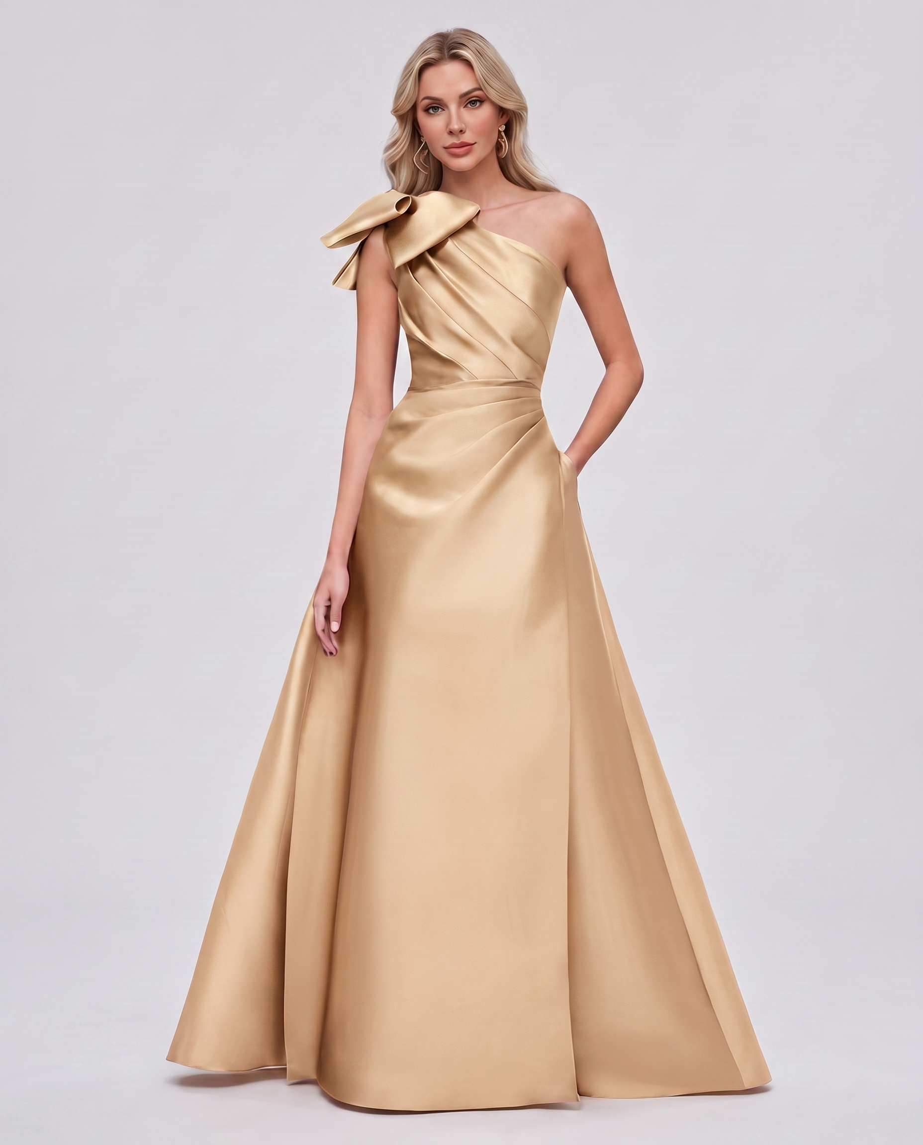 Satin Sleeveless One-Shoulder A-Line Maxi Dress with Bow for Prom, Party, Cocktail, Evening, Wedding Guest & Summer Events in