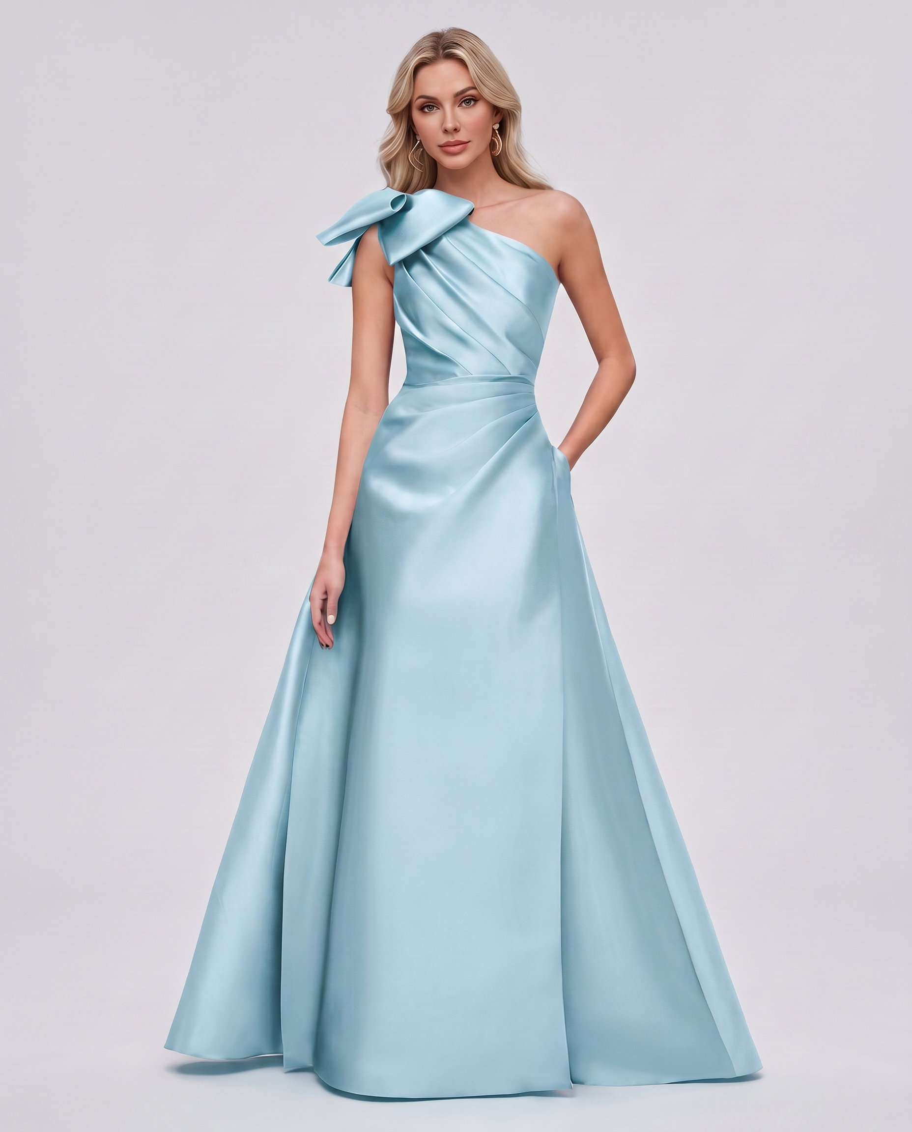 Satin Sleeveless One-Shoulder A-Line Maxi Dress with Bow for Prom, Party, Cocktail, Evening, Wedding Guest & Summer Events in