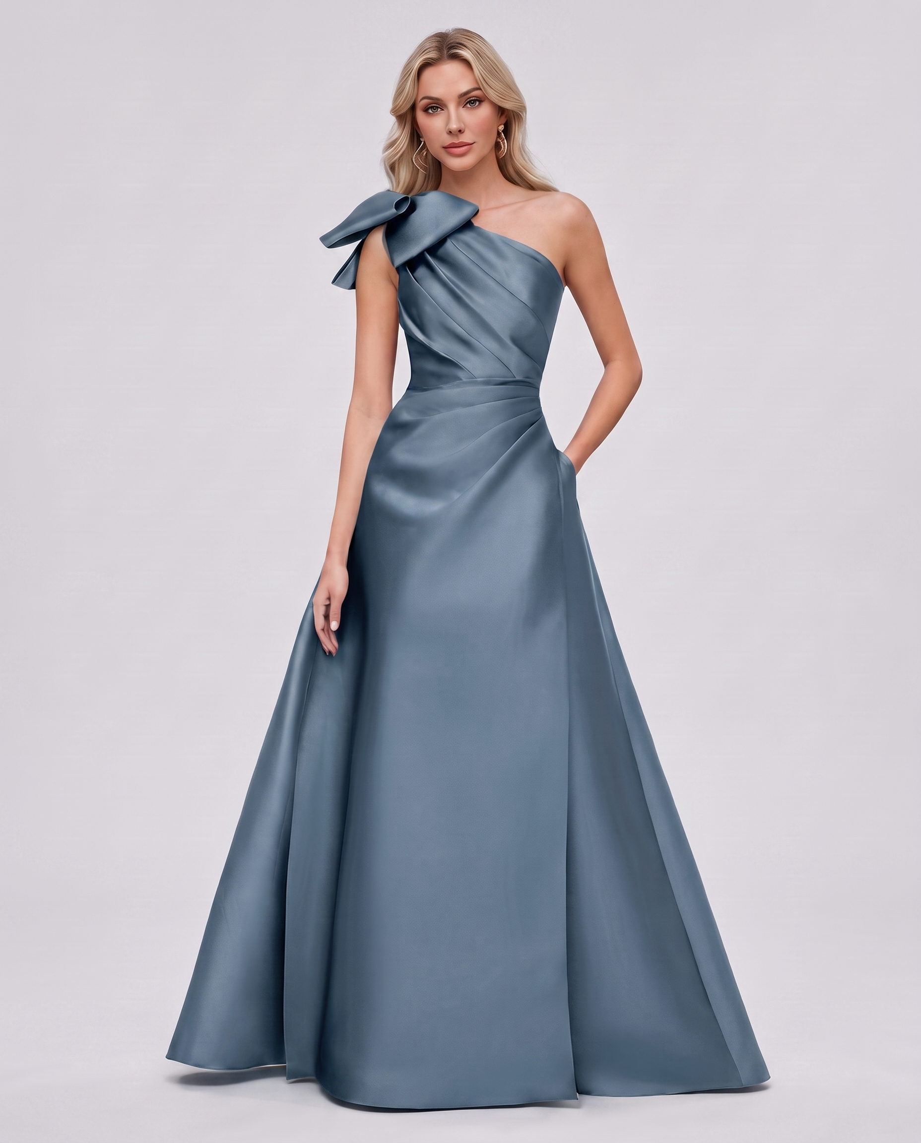 Satin Sleeveless One-Shoulder A-Line Maxi Dress with Bow for Prom, Party, Cocktail, Evening, Wedding Guest & Summer Events in