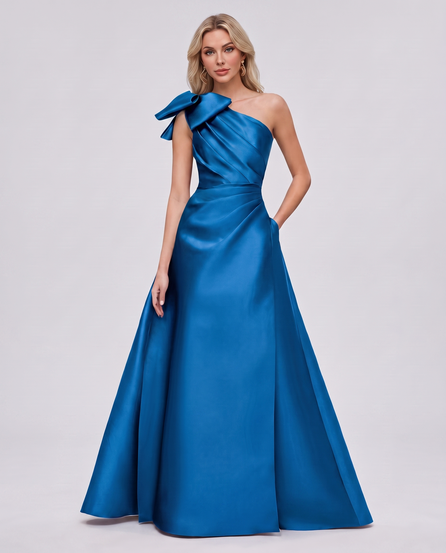 Satin Sleeveless One-Shoulder A-Line Maxi Dress with Bow for Prom, Party, Cocktail, Evening, Wedding Guest & Summer Events in