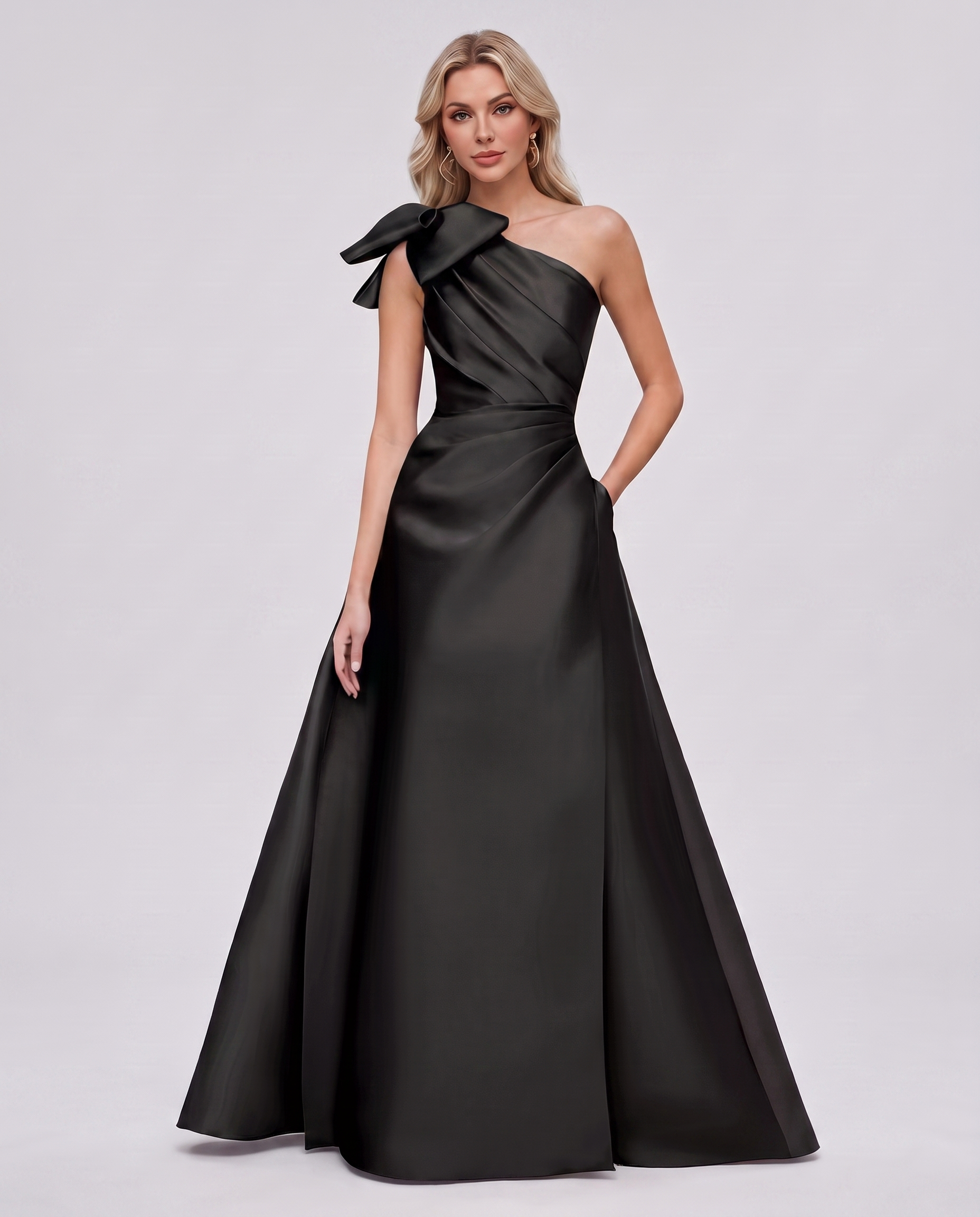 Satin Sleeveless One-Shoulder A-Line Maxi Dress with Bow for Prom, Party, Cocktail, Evening, Wedding Guest & Summer Events in