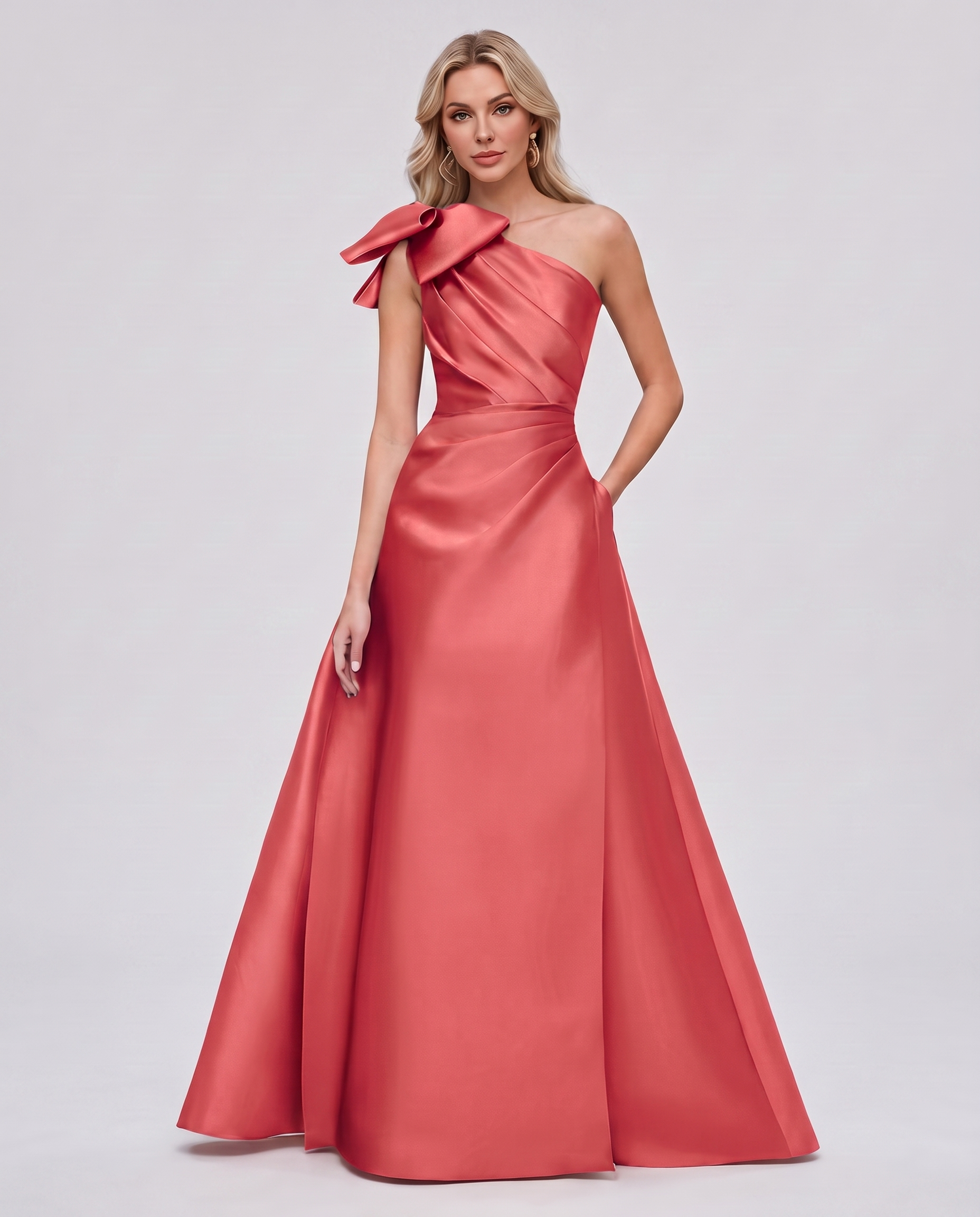 Satin Sleeveless One-Shoulder A-Line Maxi Dress with Bow for Prom, Party, Cocktail, Evening, Wedding Guest & Summer Events in