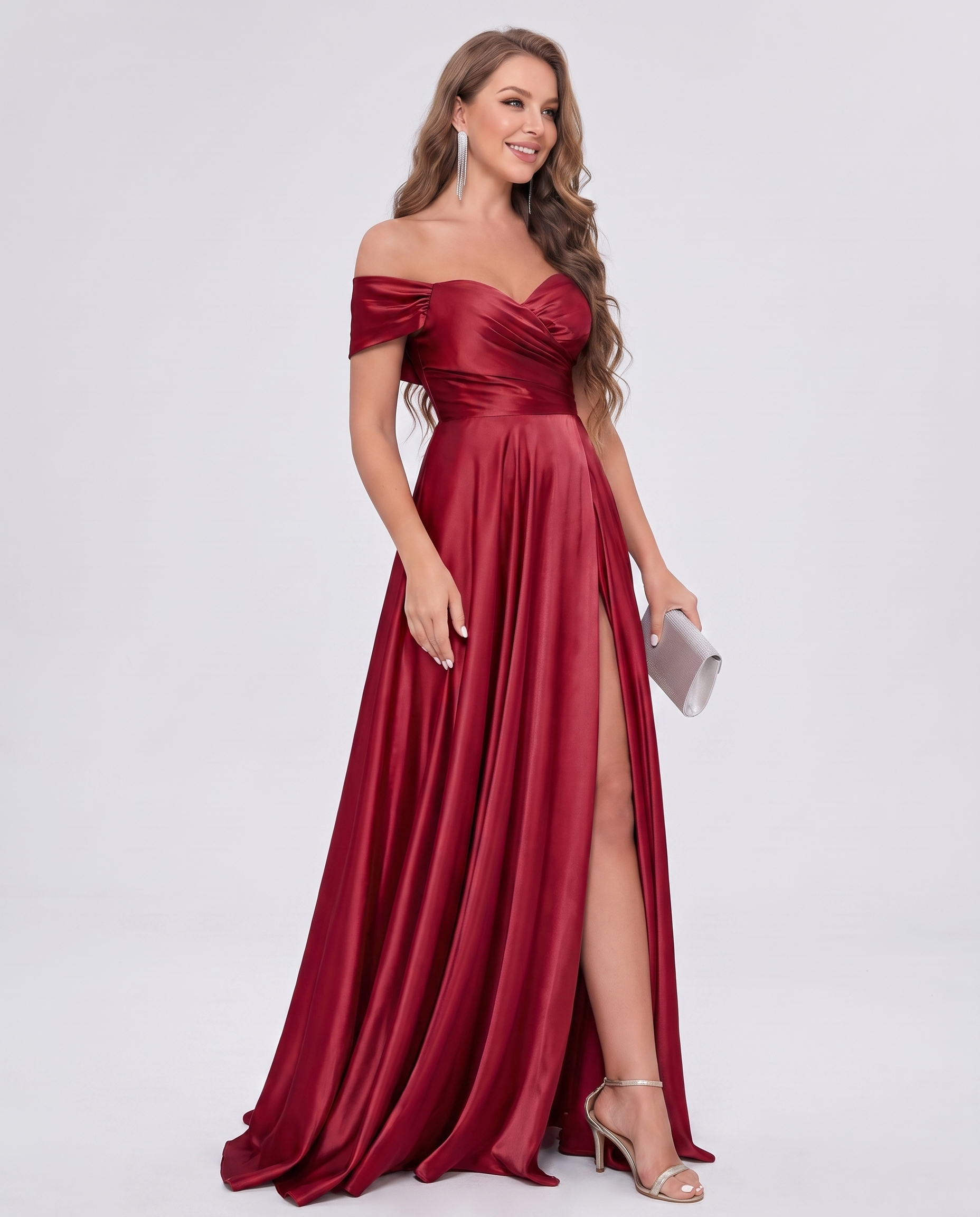 Satin Off-the-Shoulder Sweetheart A-Line Maxi Dress with Slit for Party, Cocktail, Evening, Wedding Guest, Bridesmaid & Summe