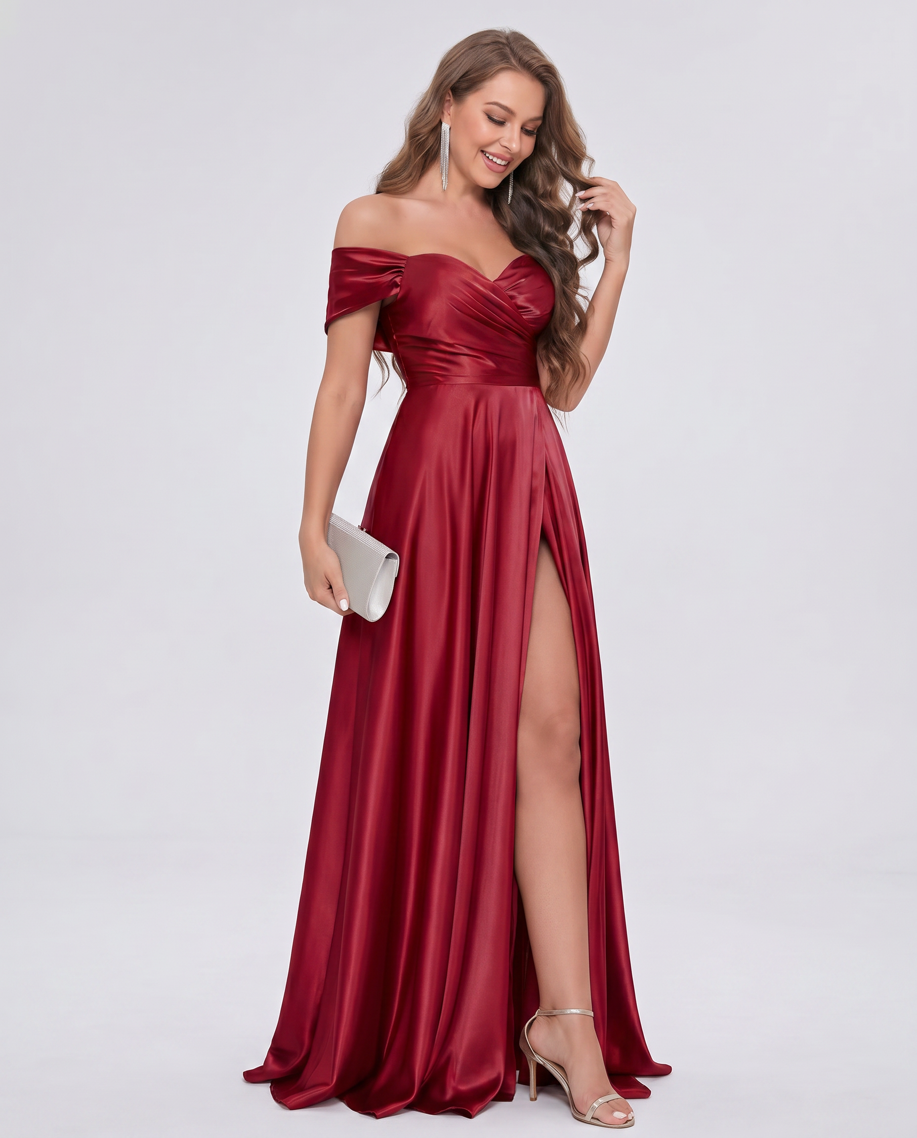 Satin Off-the-Shoulder Sweetheart A-Line Maxi Dress with Slit for Party, Cocktail, Evening, Wedding Guest, Bridesmaid & Summe