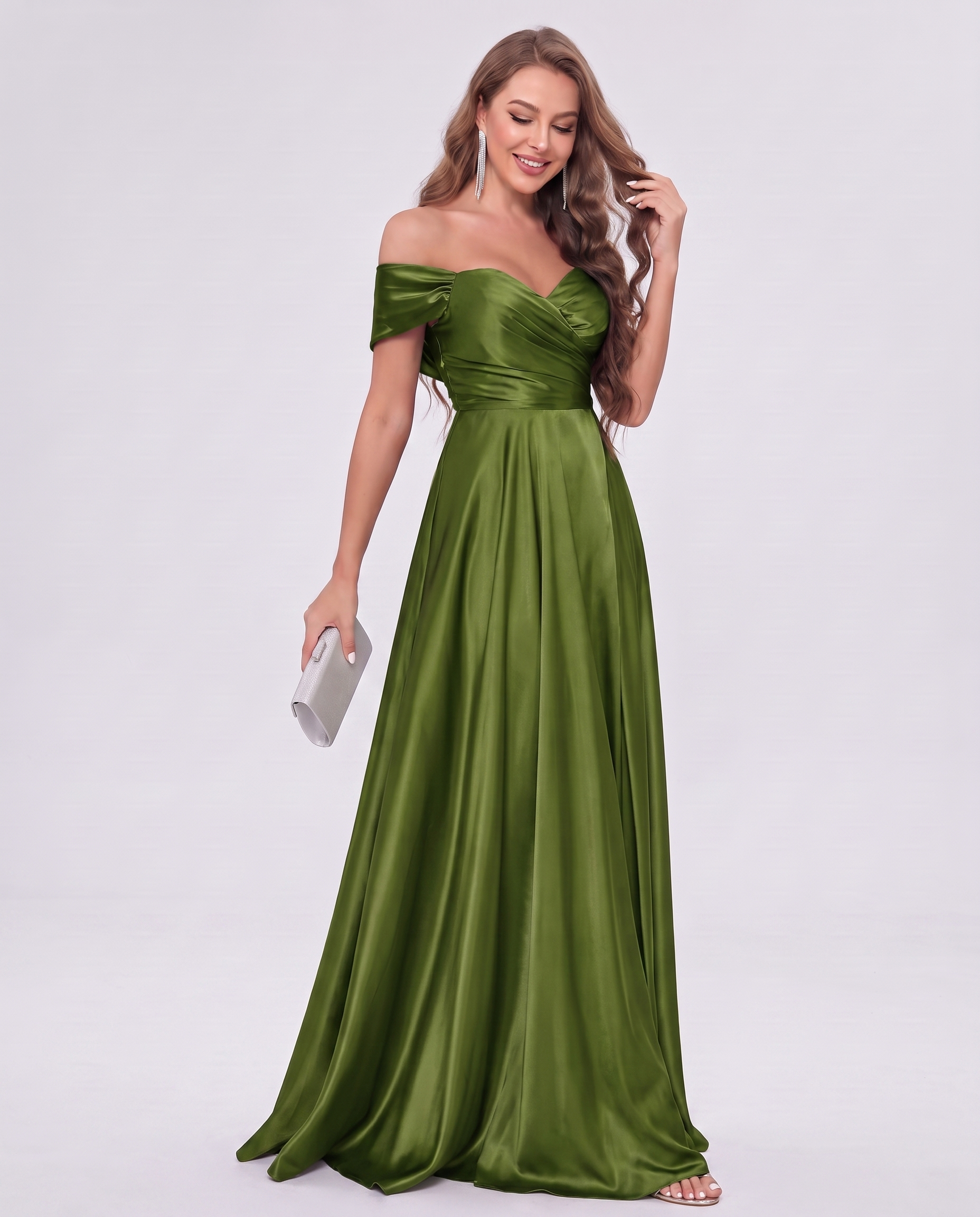 Satin Off-the-Shoulder Sweetheart A-Line Maxi Dress with Slit for Party, Cocktail, Evening, Wedding Guest, Bridesmaid & Summe