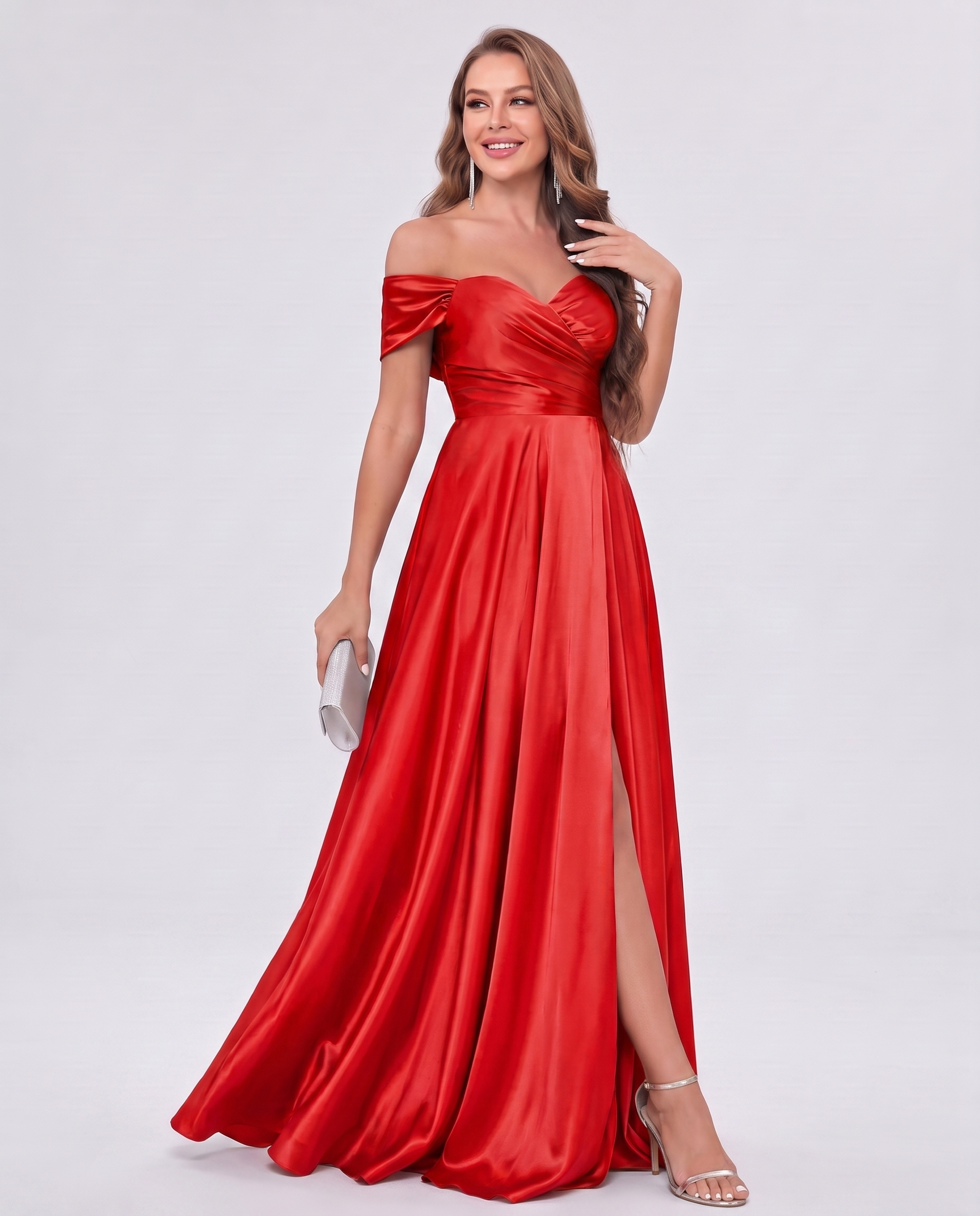 Satin Off-the-Shoulder Sweetheart A-Line Maxi Dress with Slit for Party, Cocktail, Evening, Wedding Guest, Bridesmaid & Summe
