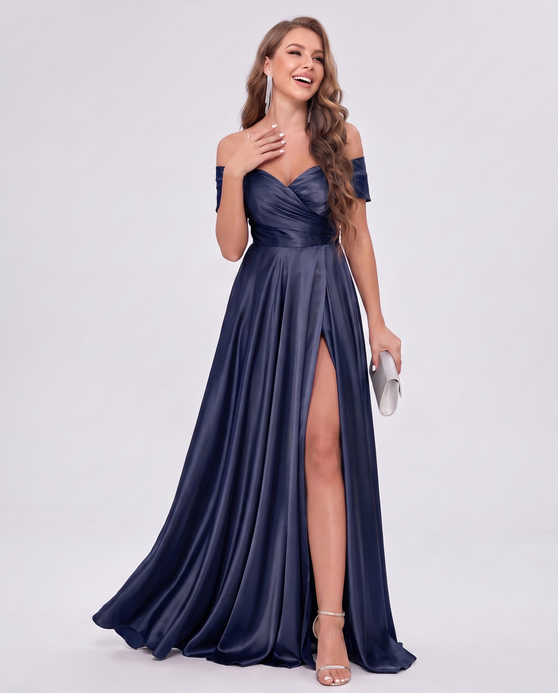 Satin Off-the-Shoulder Sweetheart A-Line Maxi Dress with Slit for Party, Cocktail, Evening, Wedding Guest, Bridesmaid & Summe