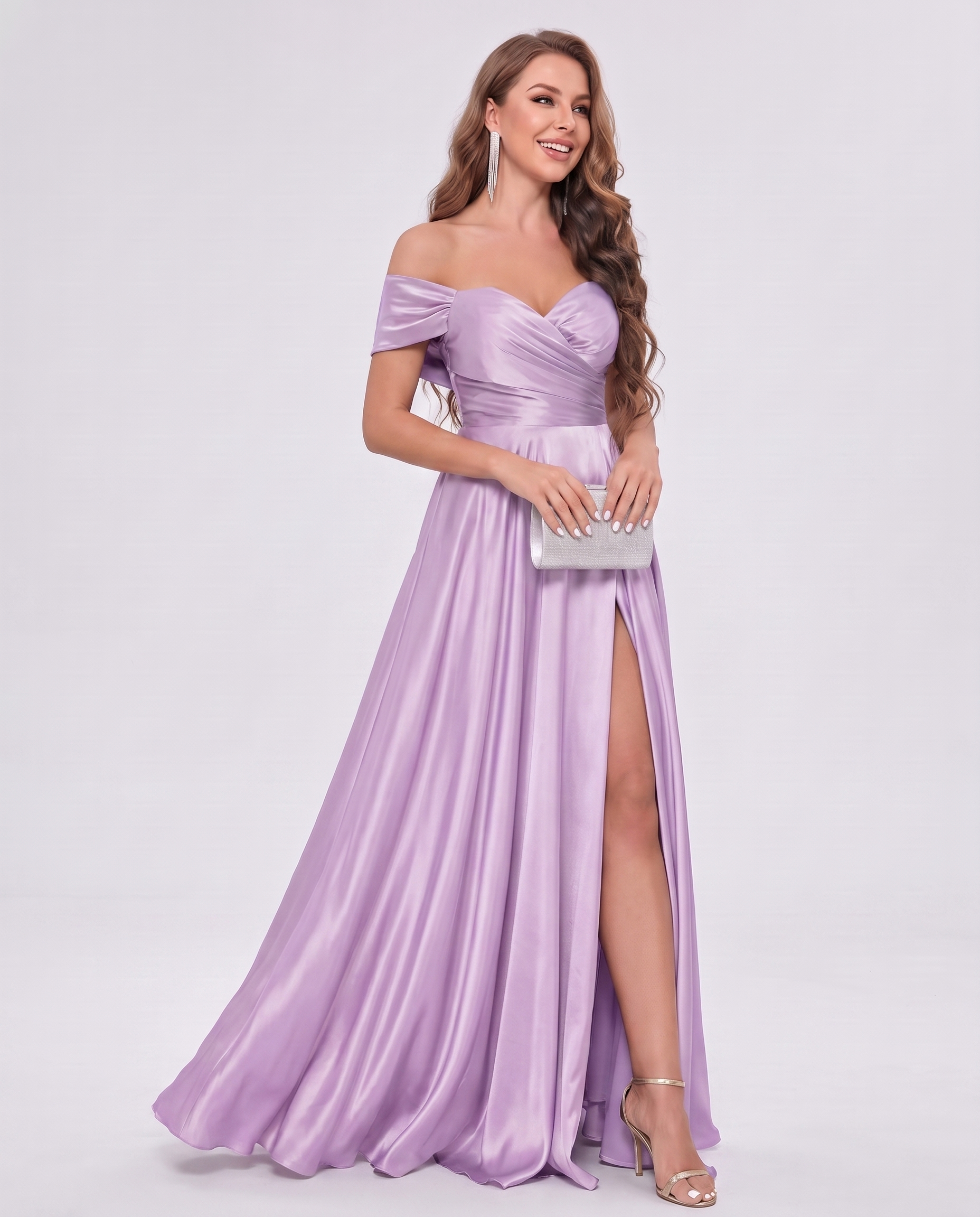 Satin Off-the-Shoulder Sweetheart A-Line Maxi Dress with Slit for Party, Cocktail, Evening, Wedding Guest, Bridesmaid & Summe