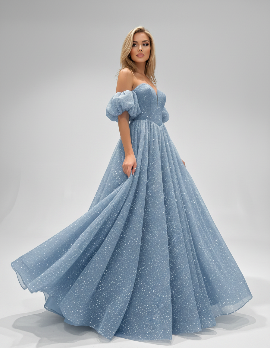 Dusty blue Sparkly Tulle Puff Sleeve Sweetheart A-Line Maxi Dress with Slit | Slimona | SKU: CM-684521907346119-DUSTYBLUE-L,CM-684521907346119-DUSTYBLUE-M,CM-684521907346119-DUSTYBLUE-S,CM-684521907346119-DUSTYBLUE-XL,CM-684521907346119-DUSTYBLUE-XS