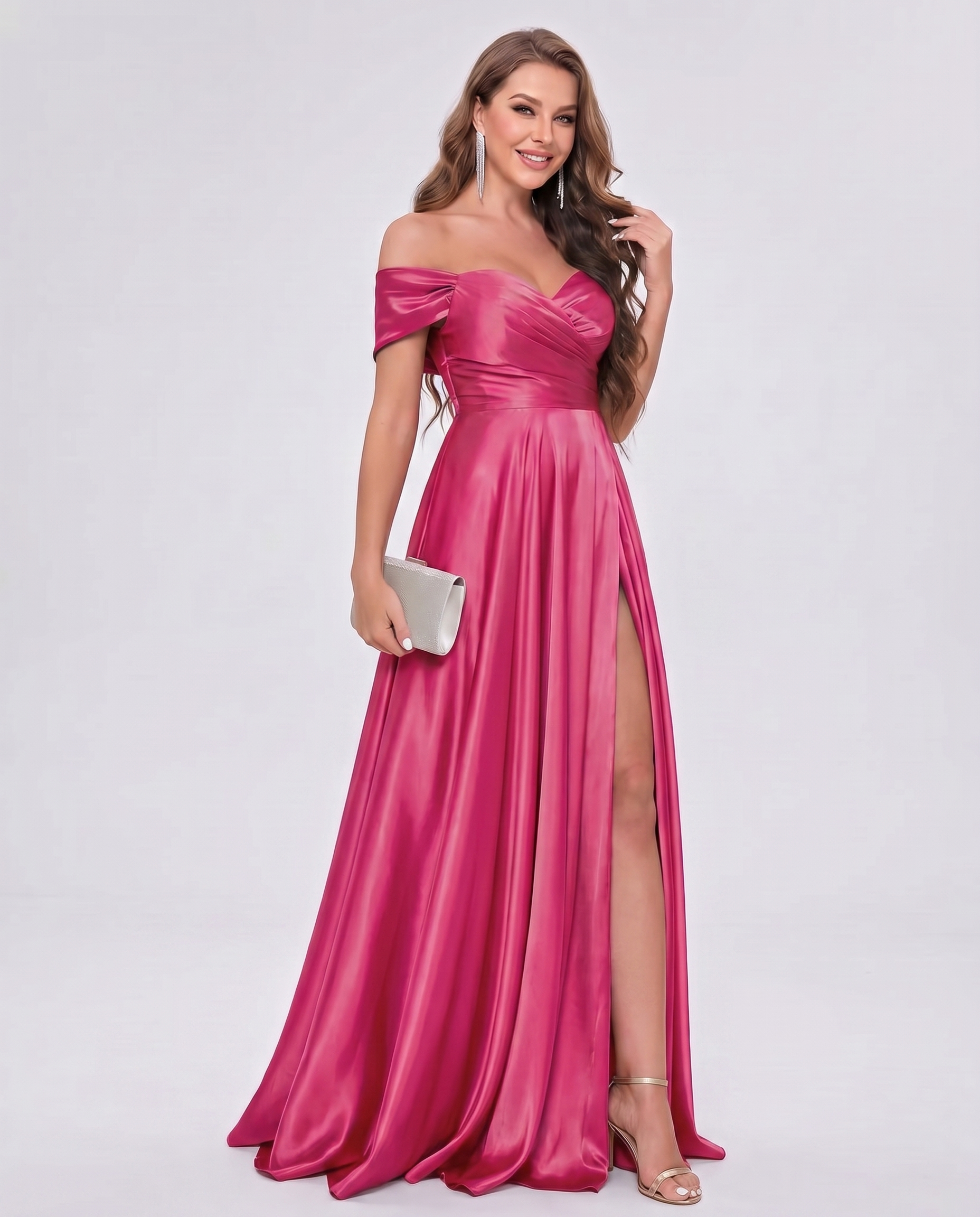 Satin Off-the-Shoulder Sweetheart A-Line Maxi Dress with Slit for Party, Cocktail, Evening, Wedding Guest, Bridesmaid & Summe