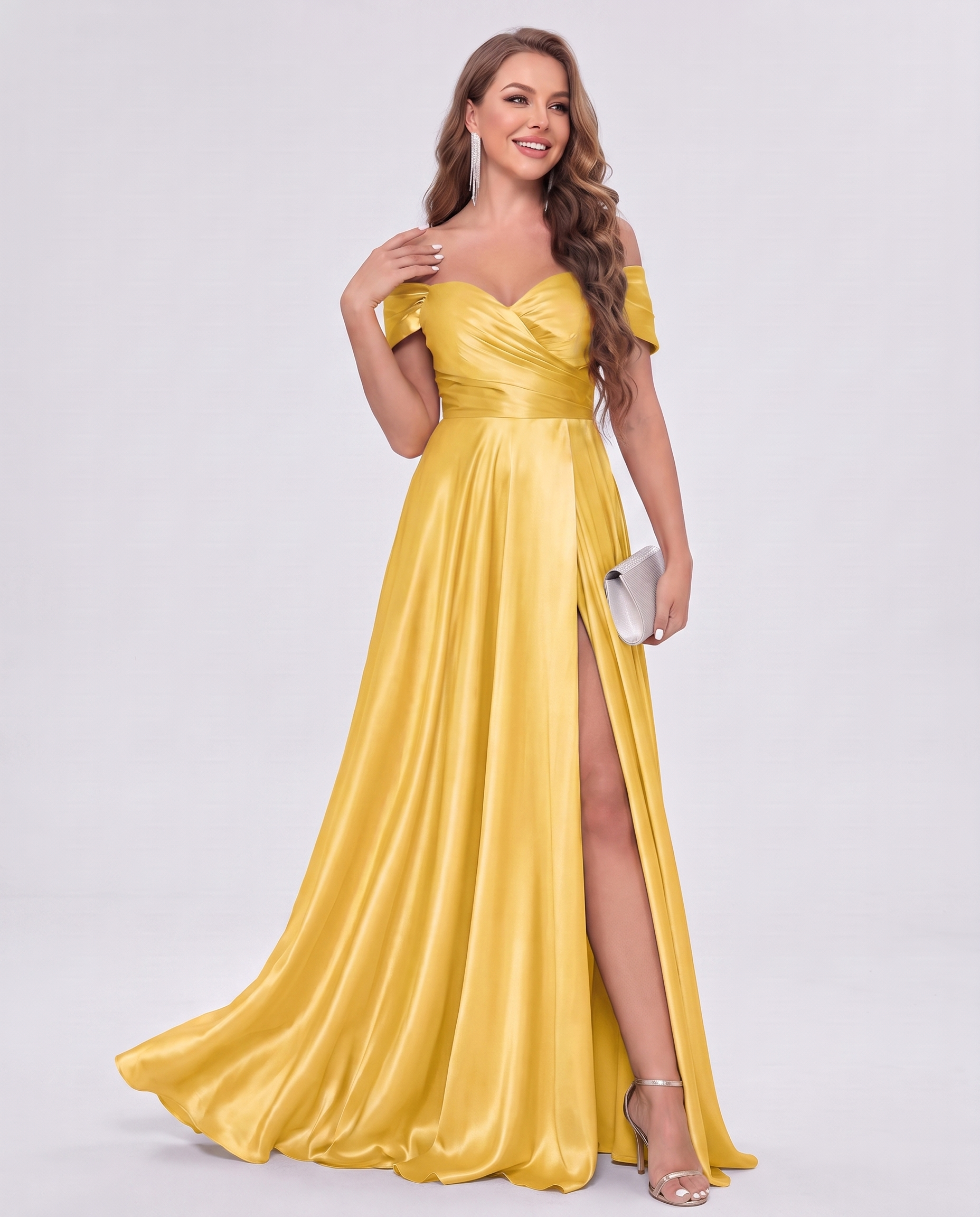 Satin Off-the-Shoulder Sweetheart A-Line Maxi Dress with Slit for Party, Cocktail, Evening, Wedding Guest, Bridesmaid & Summe