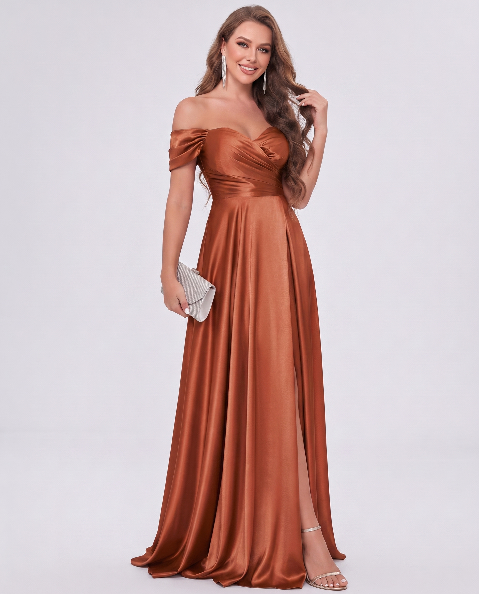 Satin Off-the-Shoulder Sweetheart A-Line Maxi Dress with Slit for Party, Cocktail, Evening, Wedding Guest, Bridesmaid & Summe