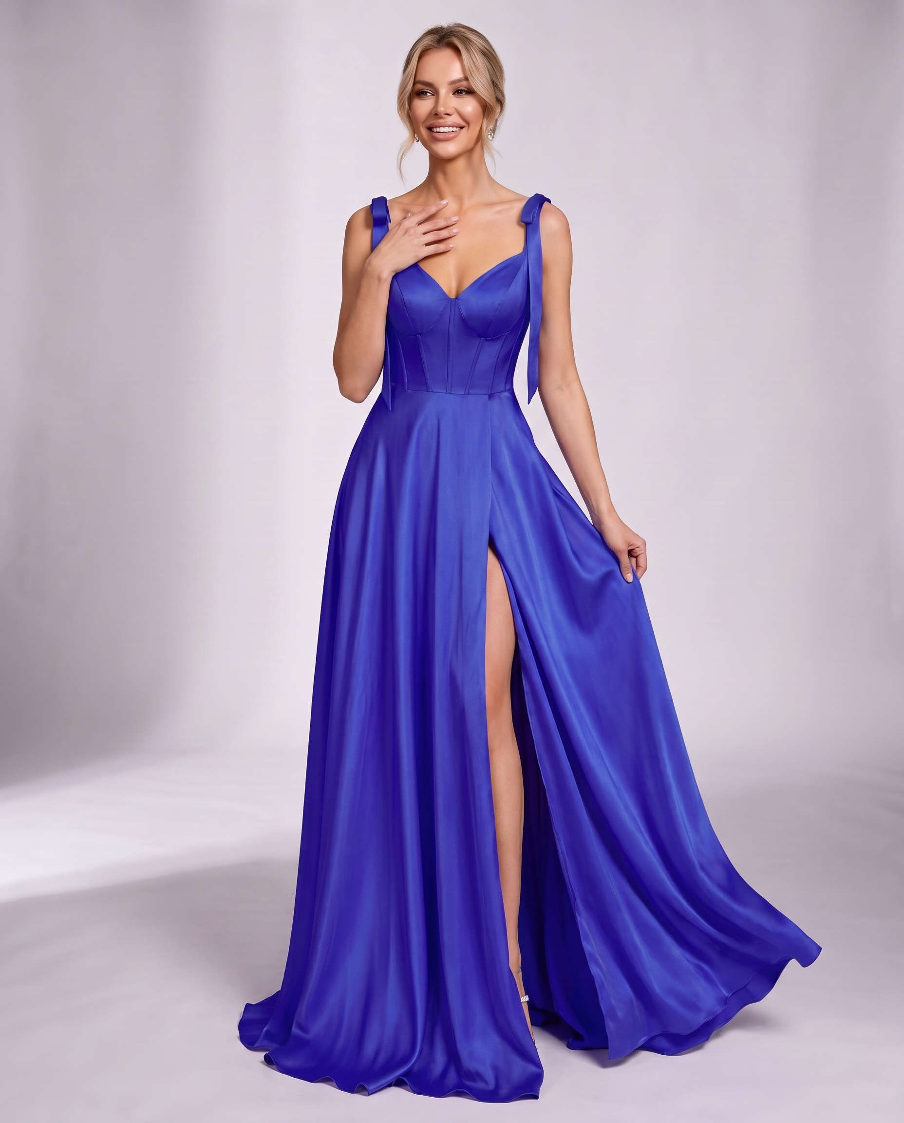 Lurelle Satin Sleeveless V-Neck A-Line Maxi Dress with Corset Bodice, Slit & Pockets for Party, Cocktail, Evening & Wedding G